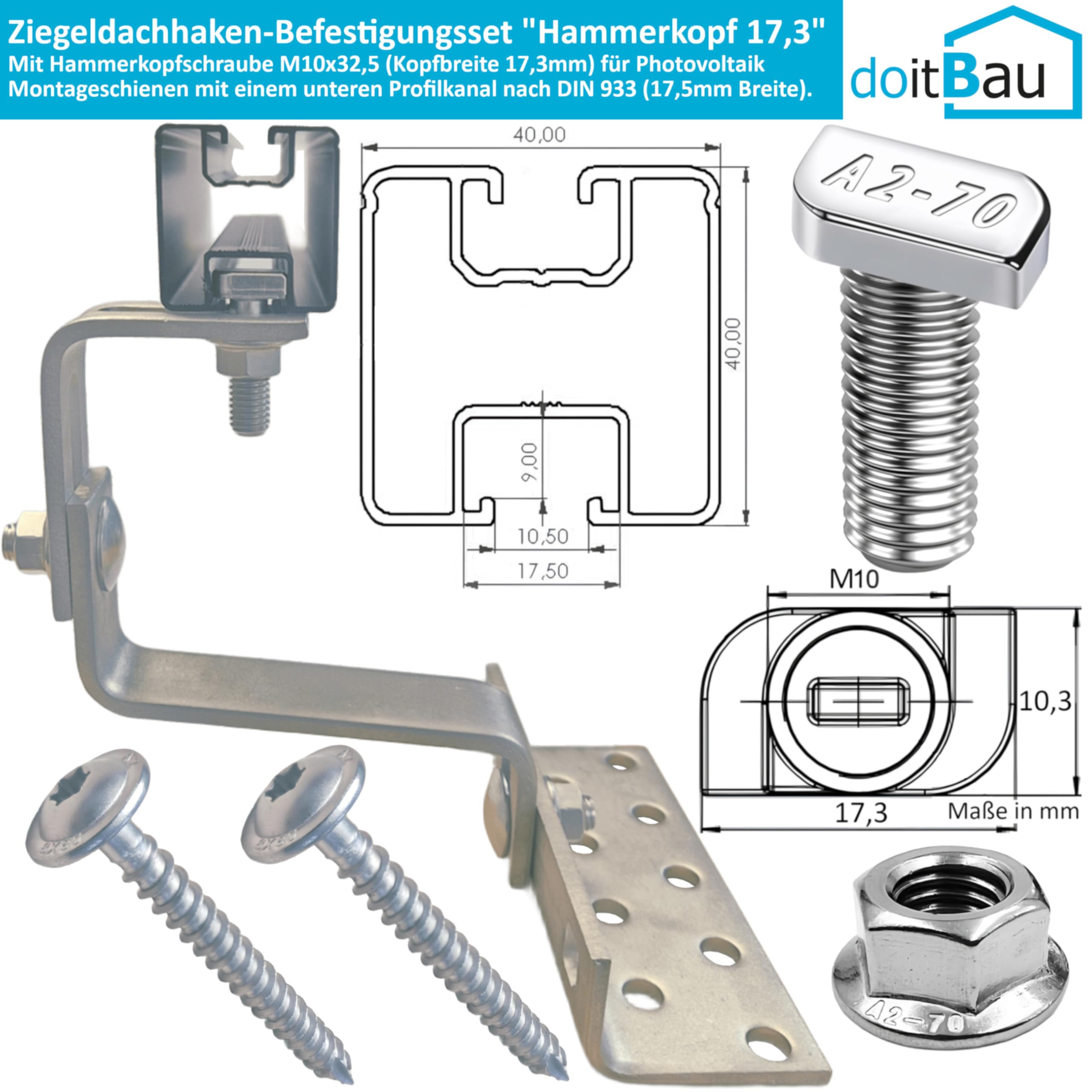 25x doitBau Solar Dachhaken für Ziegeldach PV Montageschiene Photovoltaik Modul Schrägdach Profil Montage Pfanne Ton Keramik Beton Befestigungshaken Edelstahl Pfannendach Unterkonstruktion Solarmodul
