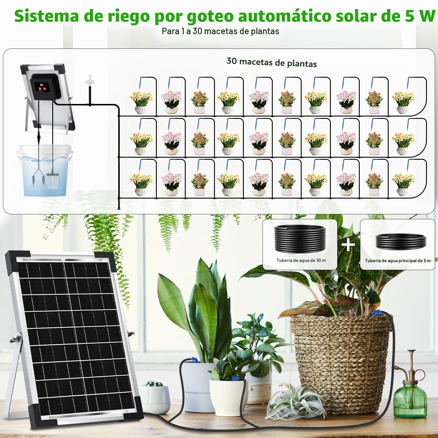 Onherm Kit Sistema de Riego por Goteo Automático Solar para Maceta, Manguera de 30 Metros para 1-30 Plantas en Macetas, 300 Modos de Temporizador, pare Jardín, Balcón y Huerta