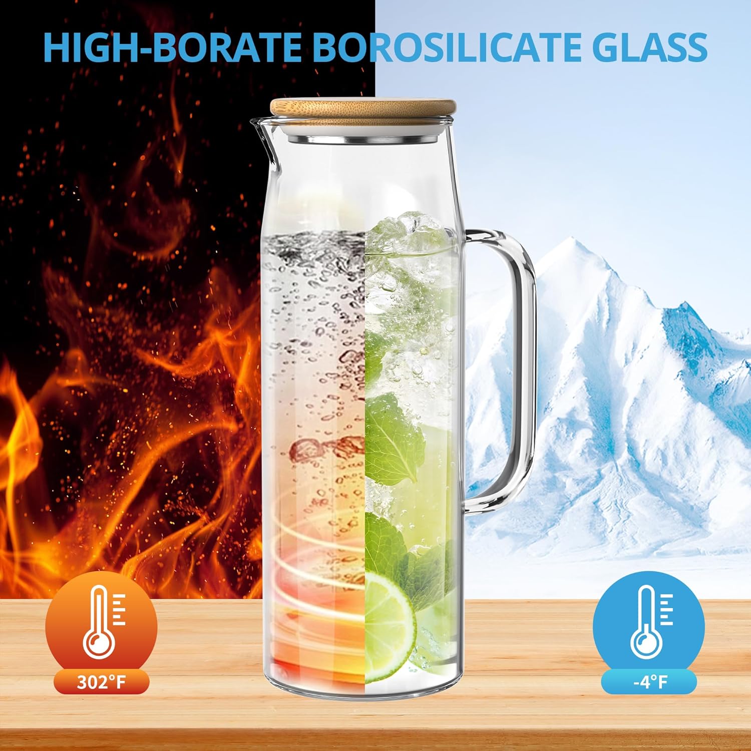 3 Sets Glass Pitcher with Lid, 50 oz / 1500 ml Water Carafe with Handles Hot Cold Beverage Water Jar Glass Jug (Bamboo lid) - Image 5