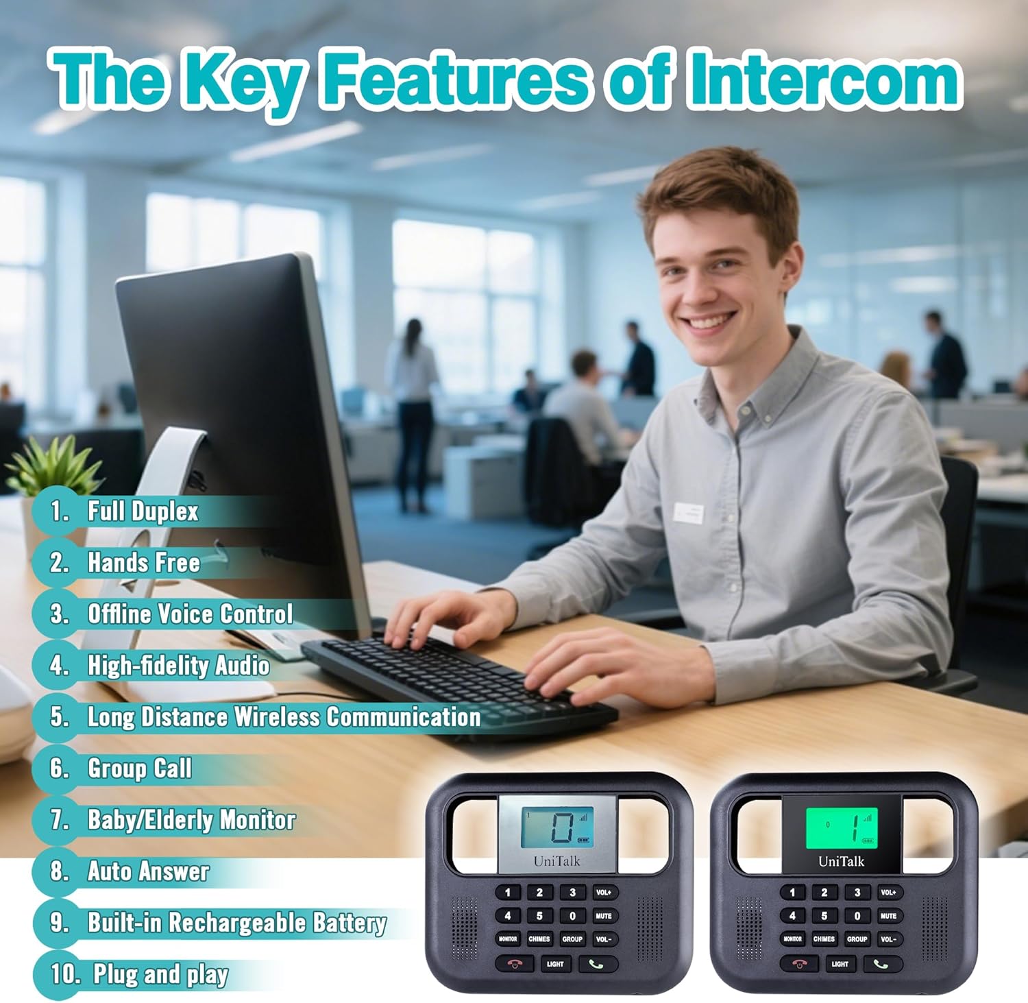 Wireless Intercoms for Home & Office, Two-Way Real-time Full-Duplex Voice System with Offline Voice Control & Monitor Function, Clear Sound, Up to 800 Meters (1/2 Mile) Range (UT-001-1F4P)