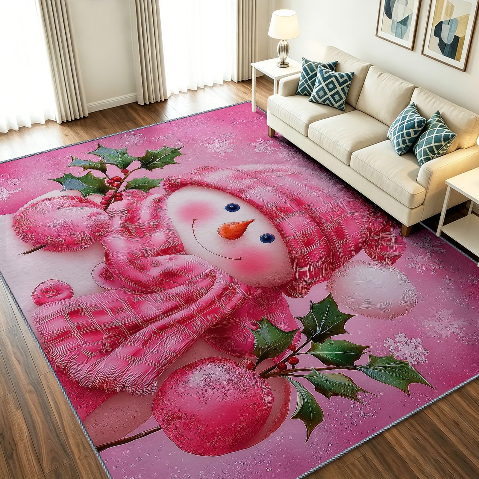 Tapis large rose 120 x 180 cm lavable style Noël pour salon et chambre