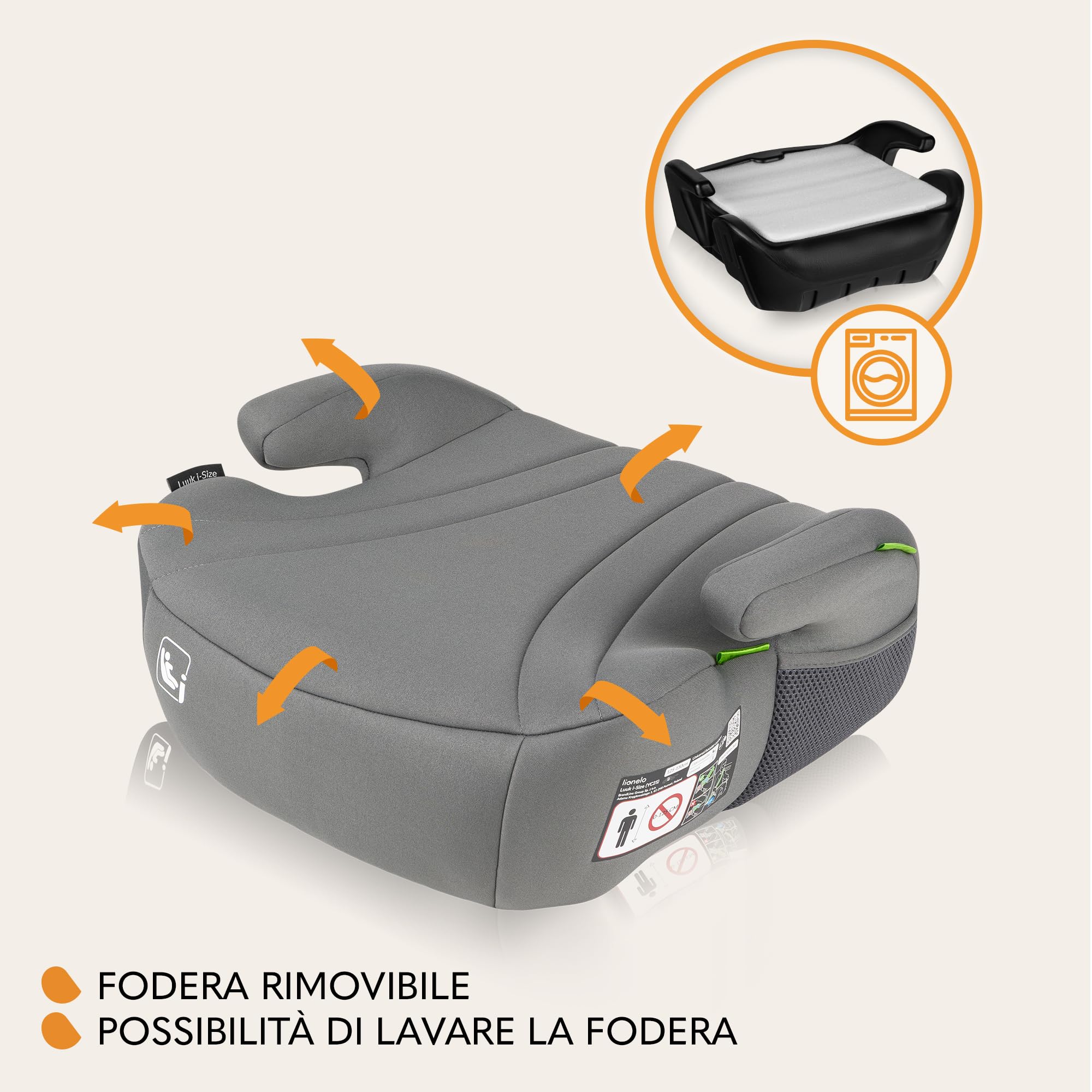 Lionelo Rialzo Auto per bambini LUUK I-Size Gruppo 2/3, 125-150 cm (22-36kg) Booster Leggero 1,6 kg e Comodo - Schiuma Adattiva, Braccioli, Traspirante e Lavabile, Facile installazione con cintura