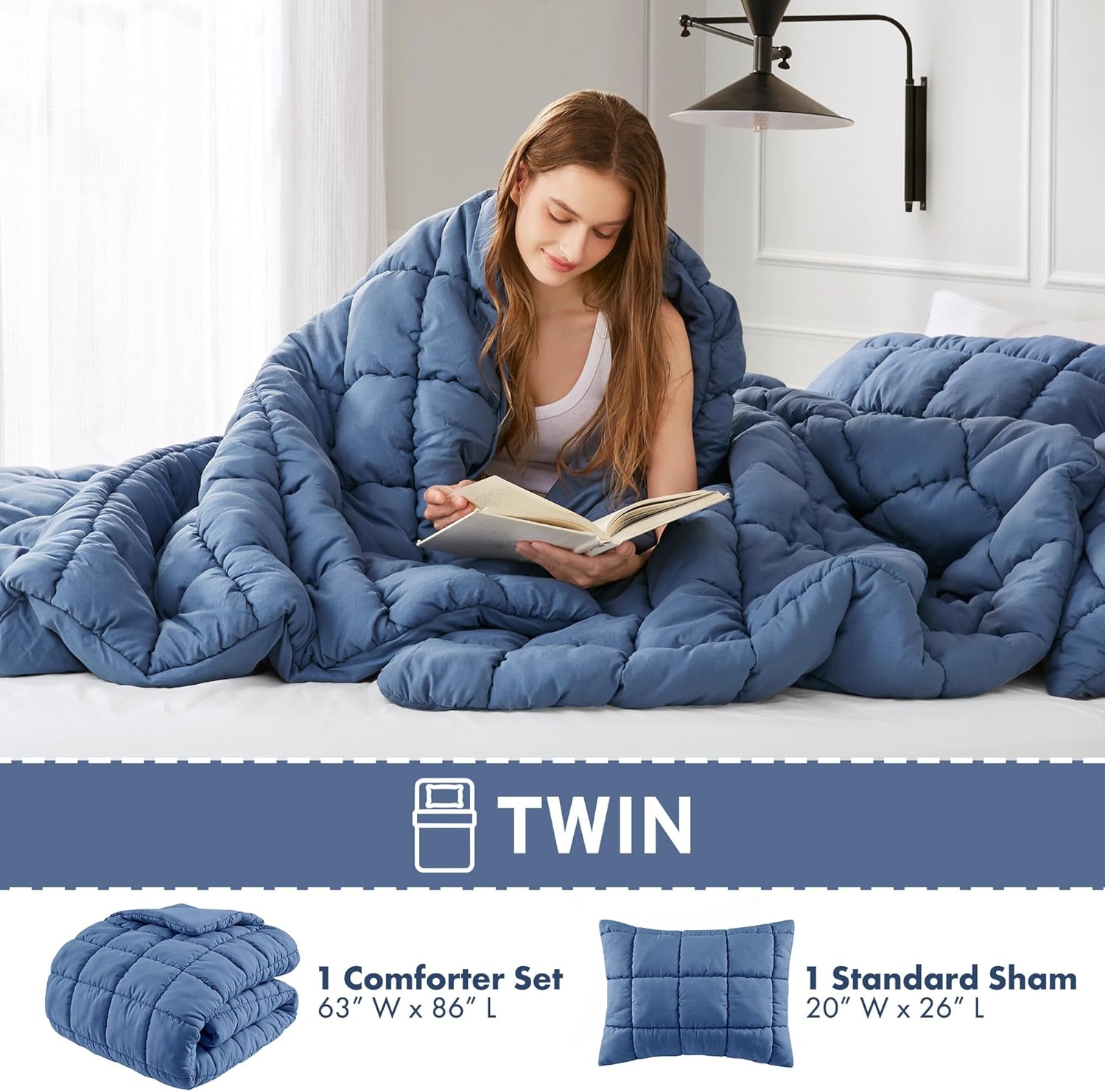 Intelligent Design Twin Comforter Set 3D Puff Overfilled Comforter for Twin Size Bed, All Season & Lofty Crinkled Quilting Twin Microfiber Bedding Set with Sham, Twin, Navy 2 Piece, ID10-2310