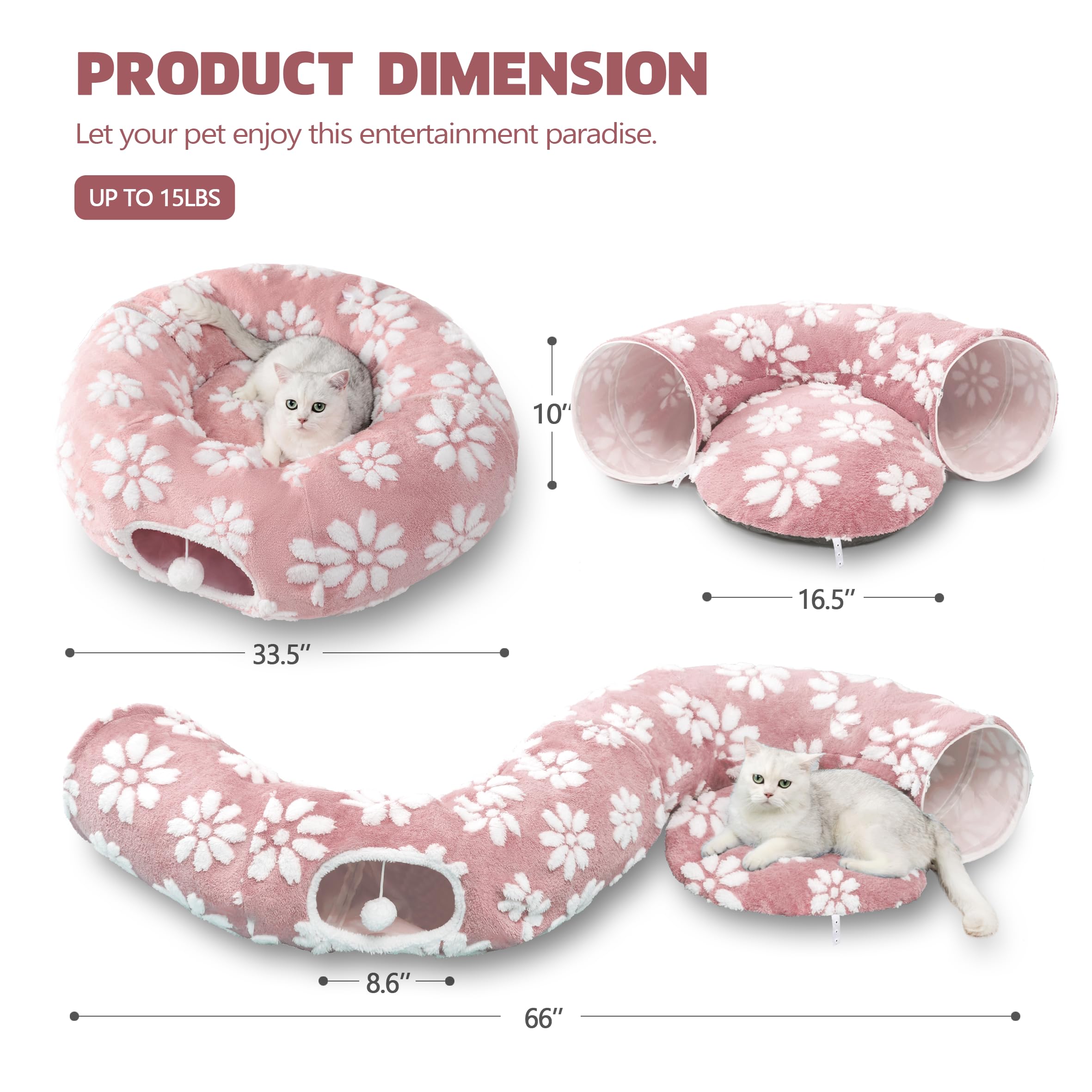 Túnel para gatos de interior, bonita cueva para gatos Peekaboo con bolas colgantes, cama de túnel de dona para mascotas con alfombrilla circular para cachorros, gatitos, conejos, flores rosas