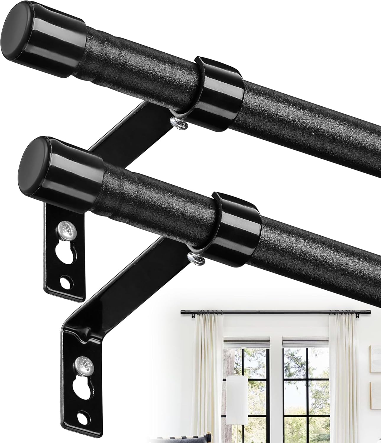Curtain Rods, 5/8" Small Matte Black Curtain Rods Set of 2
