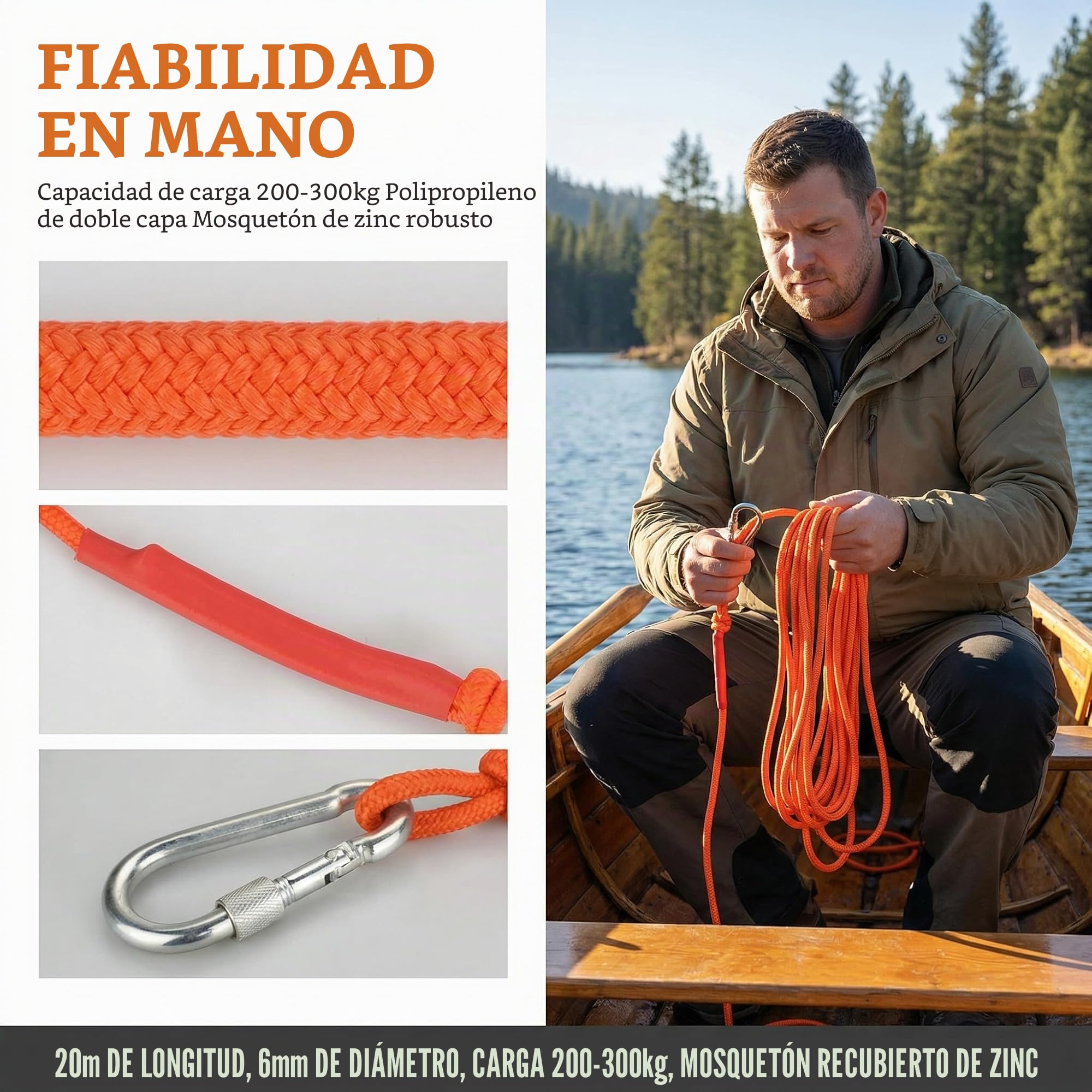 Cuerda de Escalada 20m*6mm Cuerda Auxiliar de Escalada Cuerda de Pesca con Mosquetón Cuerda para Senderismo Cuerda Multiusos para Escalada/Rescate y Deportes al Aire Libre/Camping - Naranja