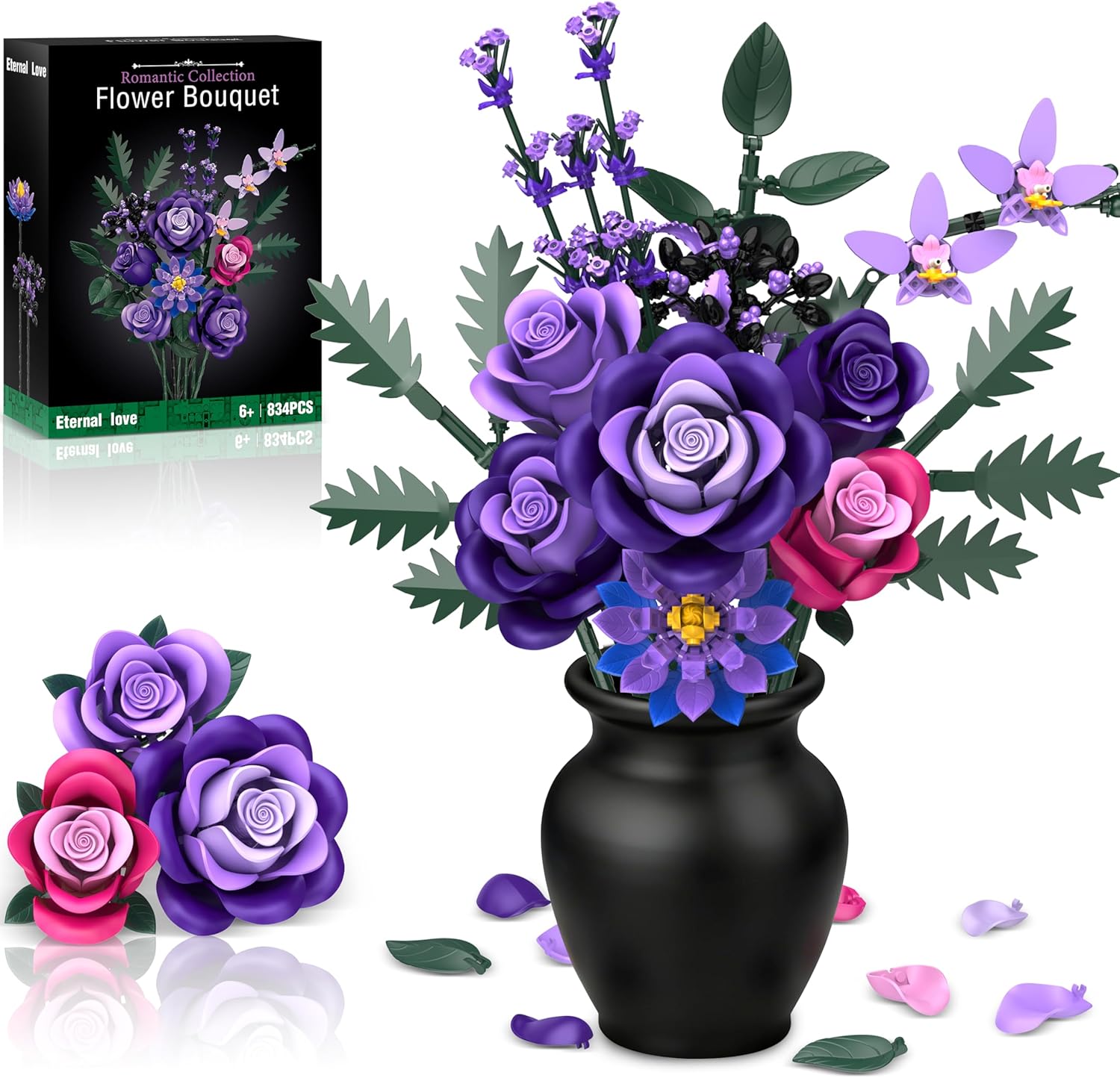Purple Roses Flower Bouquet Building Sets, 834PCS Artificial Flowers Botanical Collection Compatible with Lego Flowers for Adults Gothic Decor, Valentines Day Gifts for Women Gifts for Mothers Day