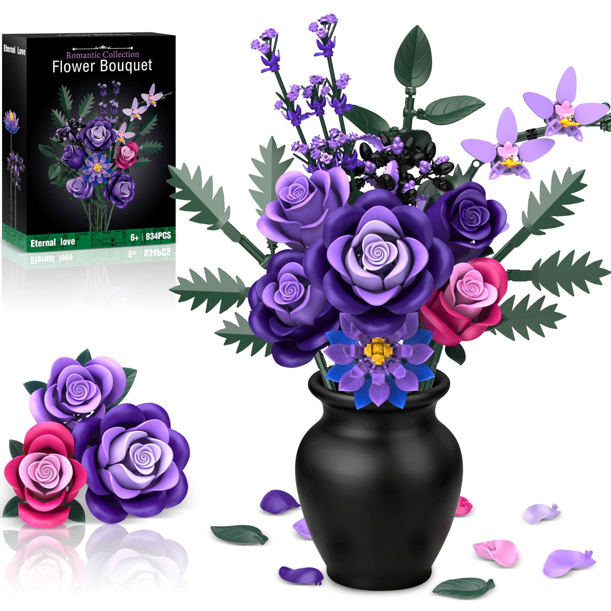 Amazon.com: Purple Roses Flower Bouquet Building Sets, 834PCS