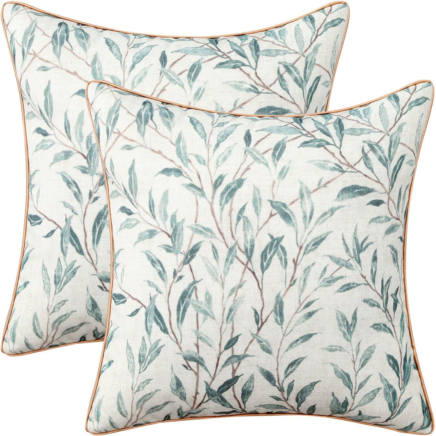 VOGOL Pack of 2 Leaf Print Cushion Covers, 45 x 45 cm Farmhouse Style Decorative Pillowcases for Bedroom Living Room, Square Pillow Cases for Sofa Couch Bed Chair, Blue — image 1