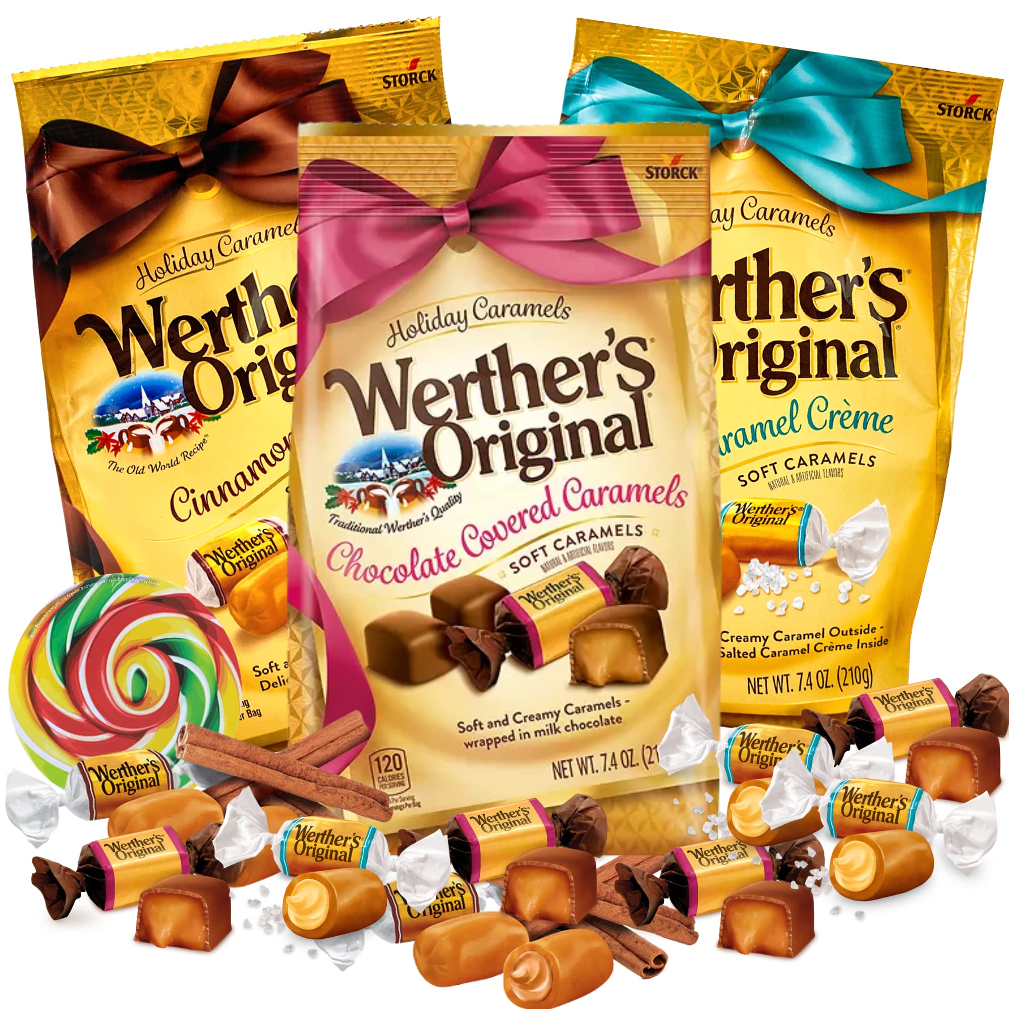 Werther's Original Soft Caramels Individually Wrapped Holiday Themed Candy, Cinnamon, Salted Carmel Crème, and Chocolate Covered, Bulk Pack of 3, 7.4 Ounces Each