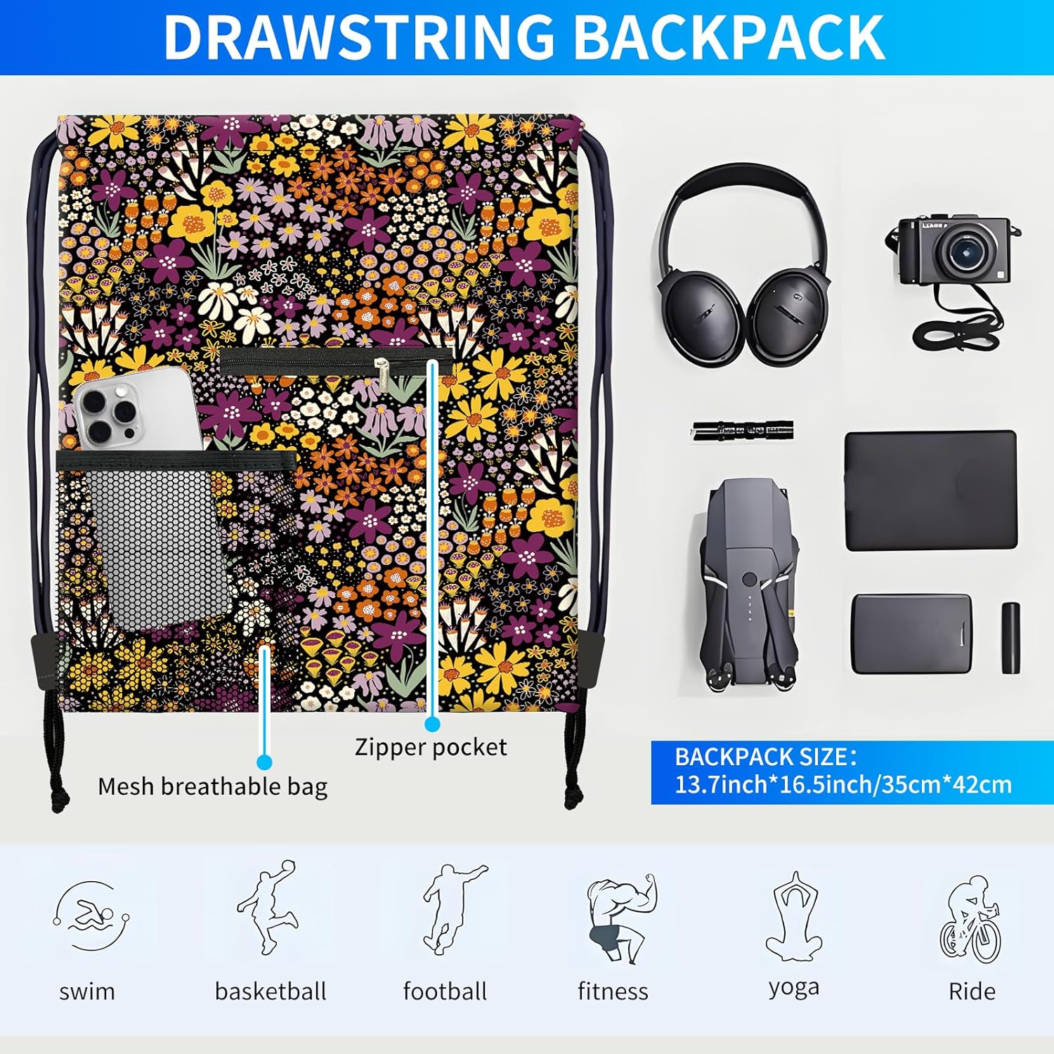 Drawstring Backpack Sports Gym Bag, Large String Swim Bag for Beach With Water Bottle Mesh Pocket, Cute Gym Sack with Zipper Pocket for Men Women Luxuious Floral - Image 4