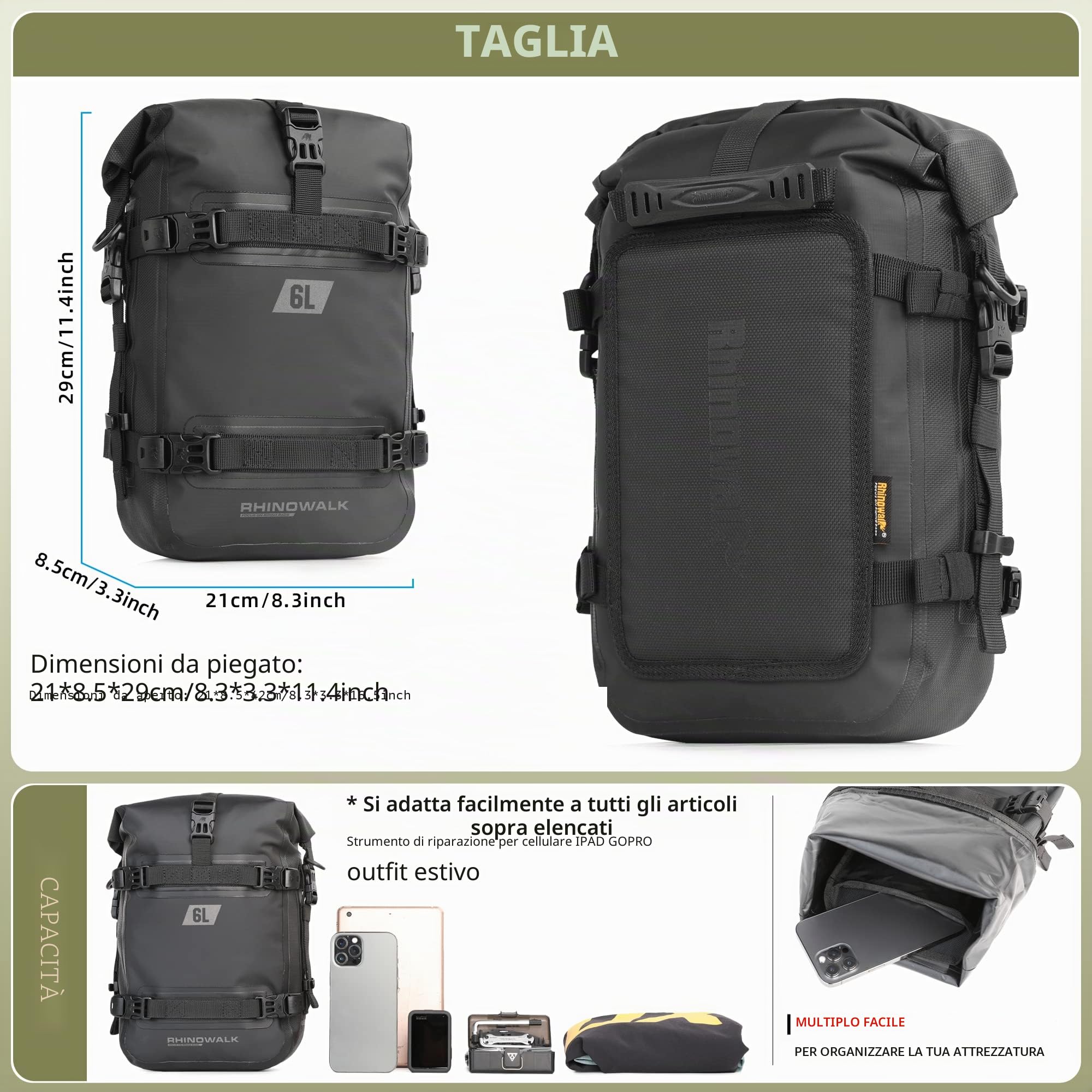 Rhinowalk Borsa da Moto Impermeabile da 6 Litri, da Sella e Laterale Con Tracolla