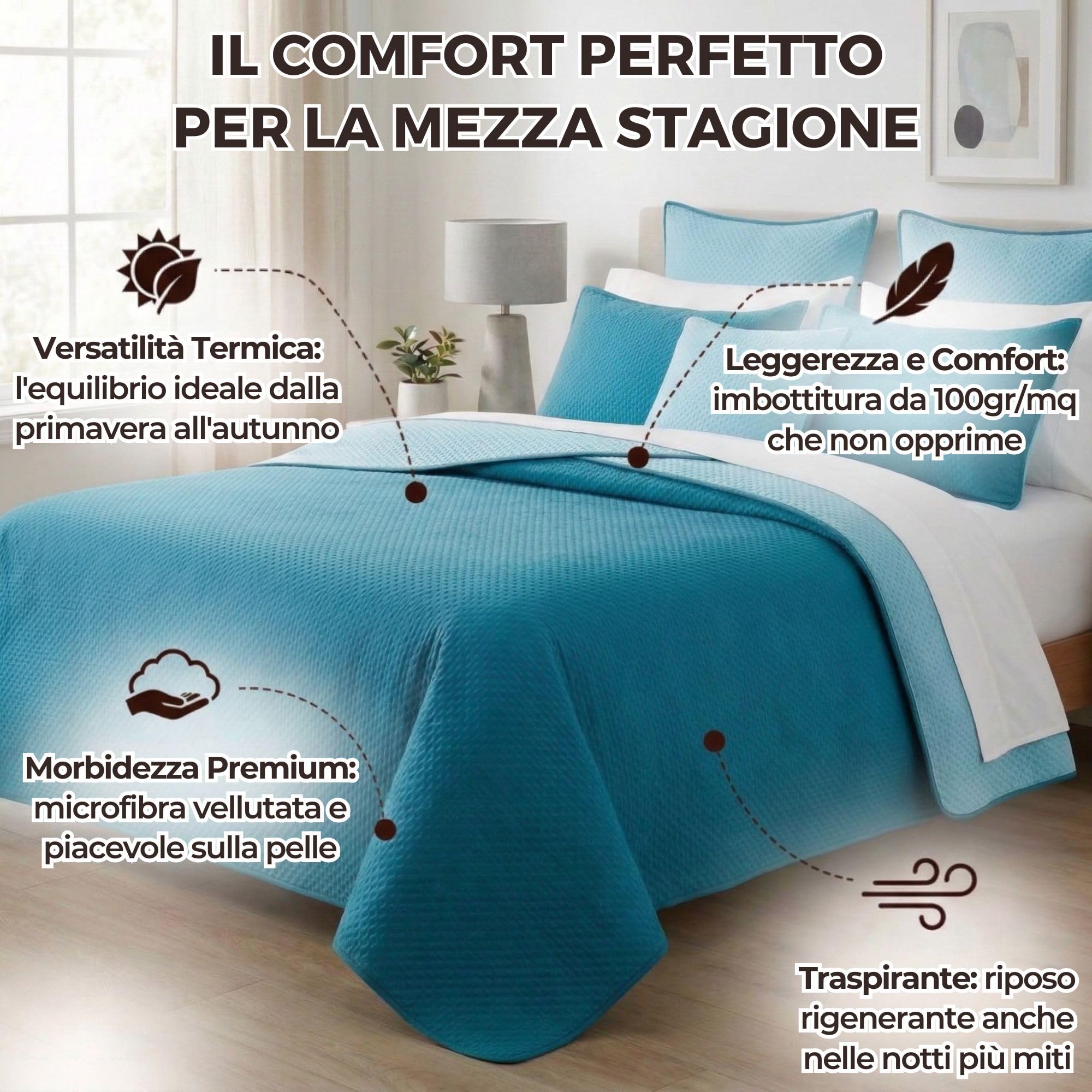 MAXIME MAISON - Trapuntino Una Piazza e Mezza per la Mezza Stagione ti Accompagnerà dalla Primavera all'Autunno, Copriletto Estivo da 100gr/mq, in Morbida Microfibra Leggera (Oceano) - 1