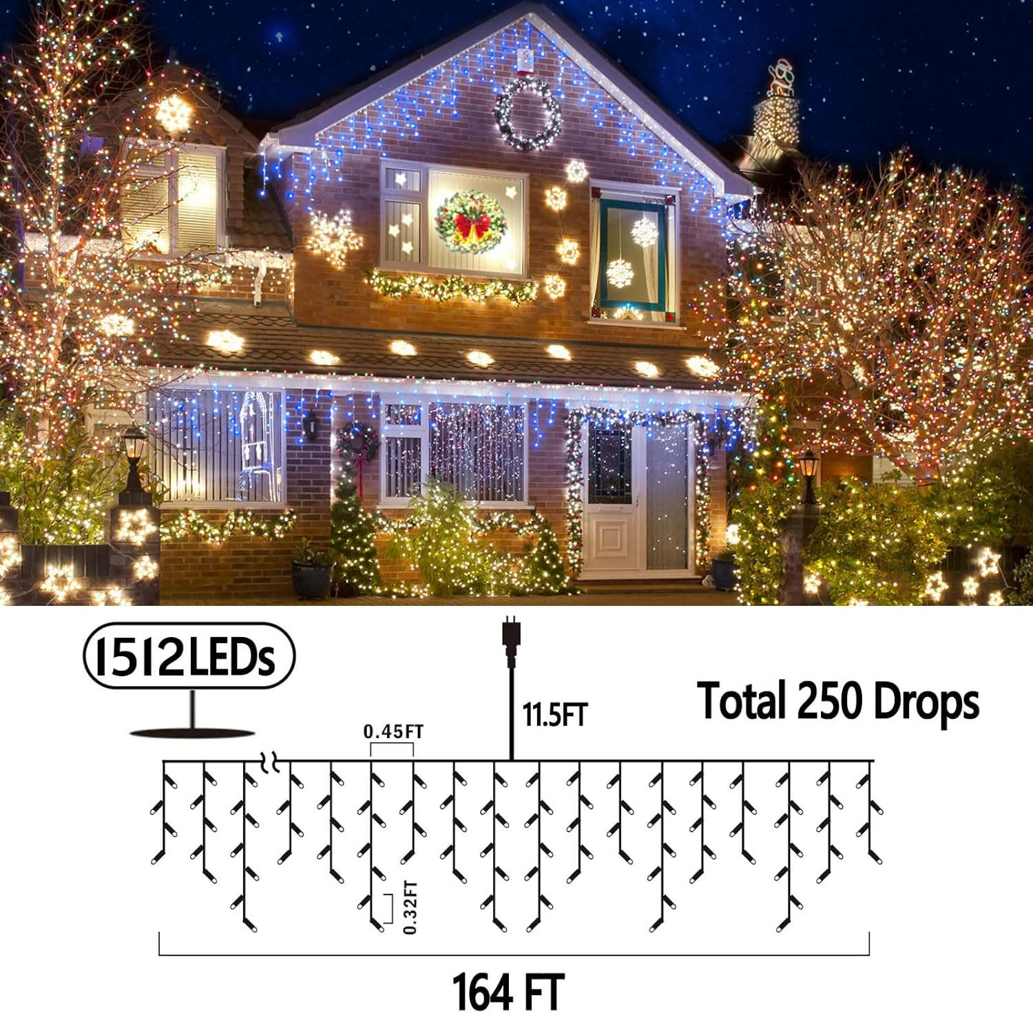 164FT Christmas Lights Outdoor Decorations 1512LED Fairy String Light 12 Lighting Modes with Timer Memory Waterproof Christmas Light for Yard Roof Party Holiday Wedding Garden Decor