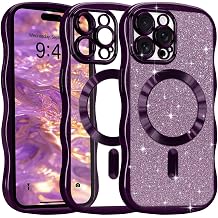 Wavy Phone Case for iPhone 14 Pro Max Glitter Magnetic, Cute Clear Curly Plating Bumper, Removable Bling Paper [Compatible with MagSafe] Glossy Soft Silicone TPU Shockproof Cover,Purple