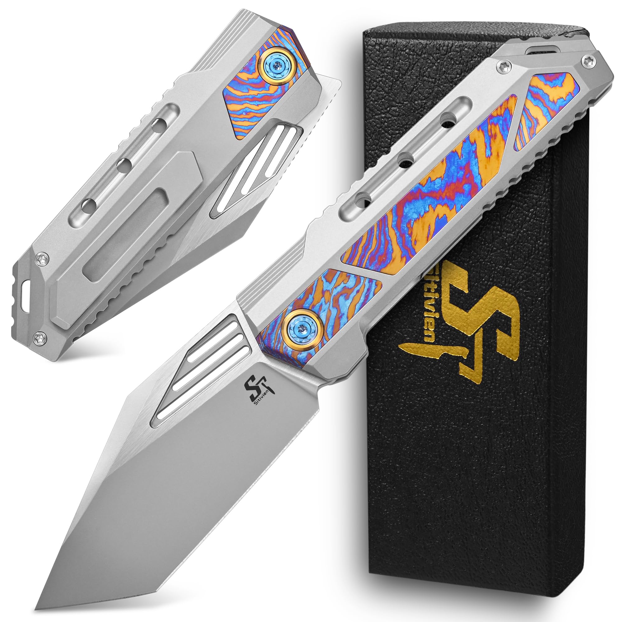 Photo 1 of Sitivien ST278 Folding Knife, S90V Steel Blade Titanium Timascus Inlaid Handle Knife with Pocket Clip for Outdoor Camping, Hiking, Survival
