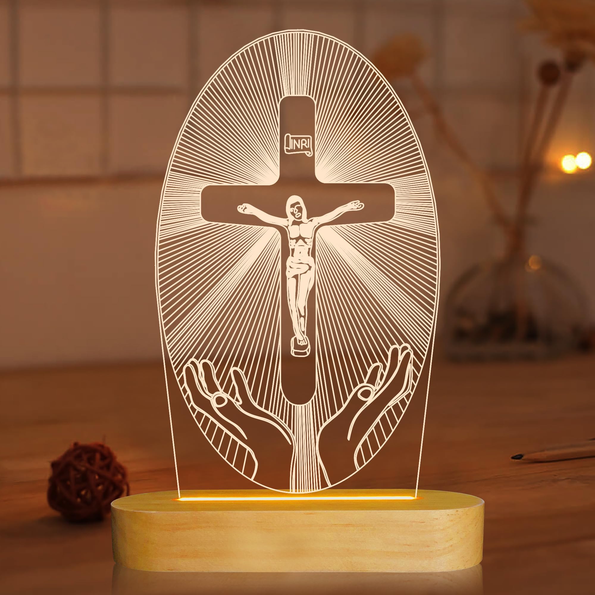 3D Illusion Lamp Jesus Cross Night Night,USB Power Warm Colors Bedside Lamp for Home Room Holiday Decor