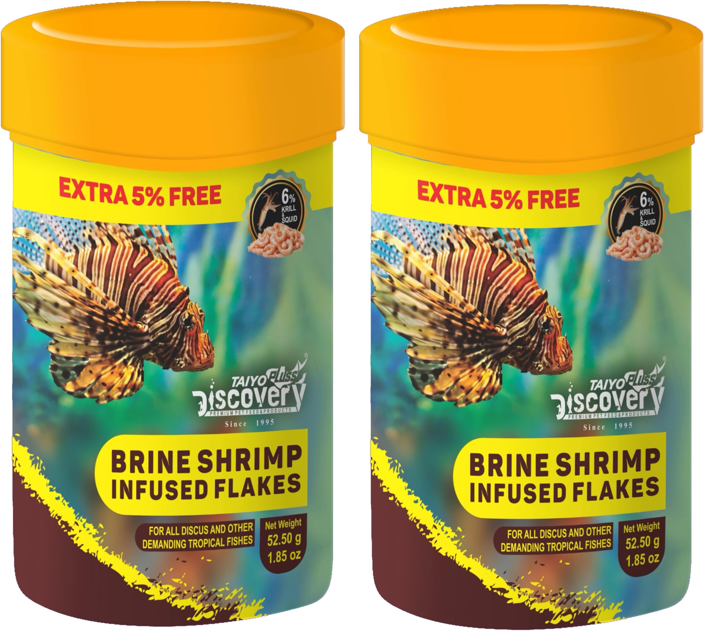 Taiyo Pluss Discovery Brine Shrimp Infused Flakes Fish Food - 52.5 g (50 g + Extra 5% Free) (Pack of 2) | Premium Slow Sinking Diet for Fishes with Krill & Squid for Active Growth & Coloration