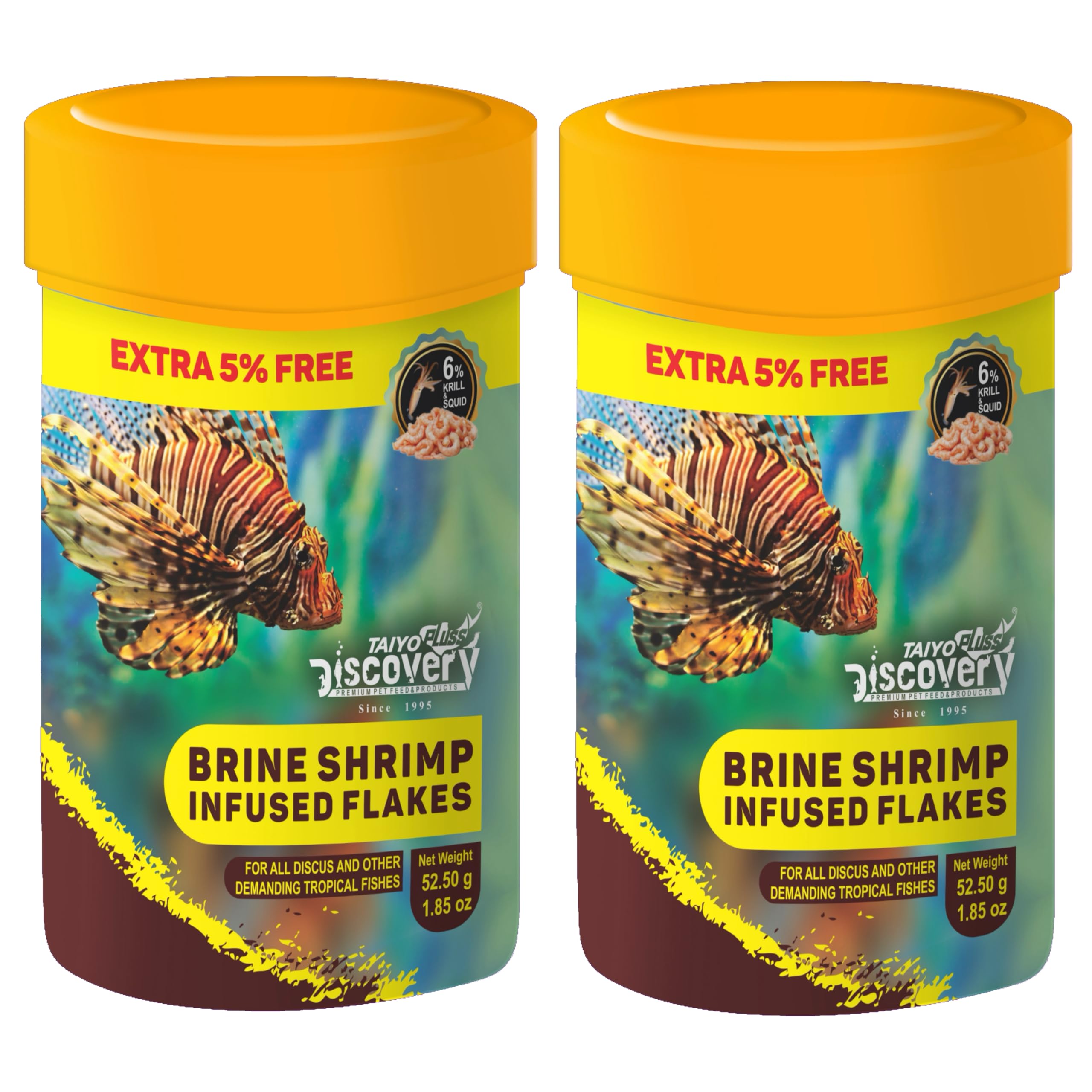 Taiyo Pluss Discovery Brine Shrimp Infused Flakes Fish Food - 52.5 g (50 g + Extra 5% Free) (Pack of 2) | Premium Slow Sinking Diet for Fishes with Krill & Squid for Active Growth & Coloration