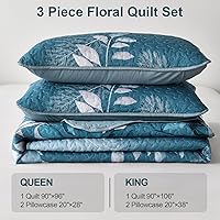 Vista 6 de Juego de colcha de tamaño matrimonial de WONG BEDDING, colcha floral color teja, 3 piezas, colcha de verano con hojas botánicas, colcha ligera