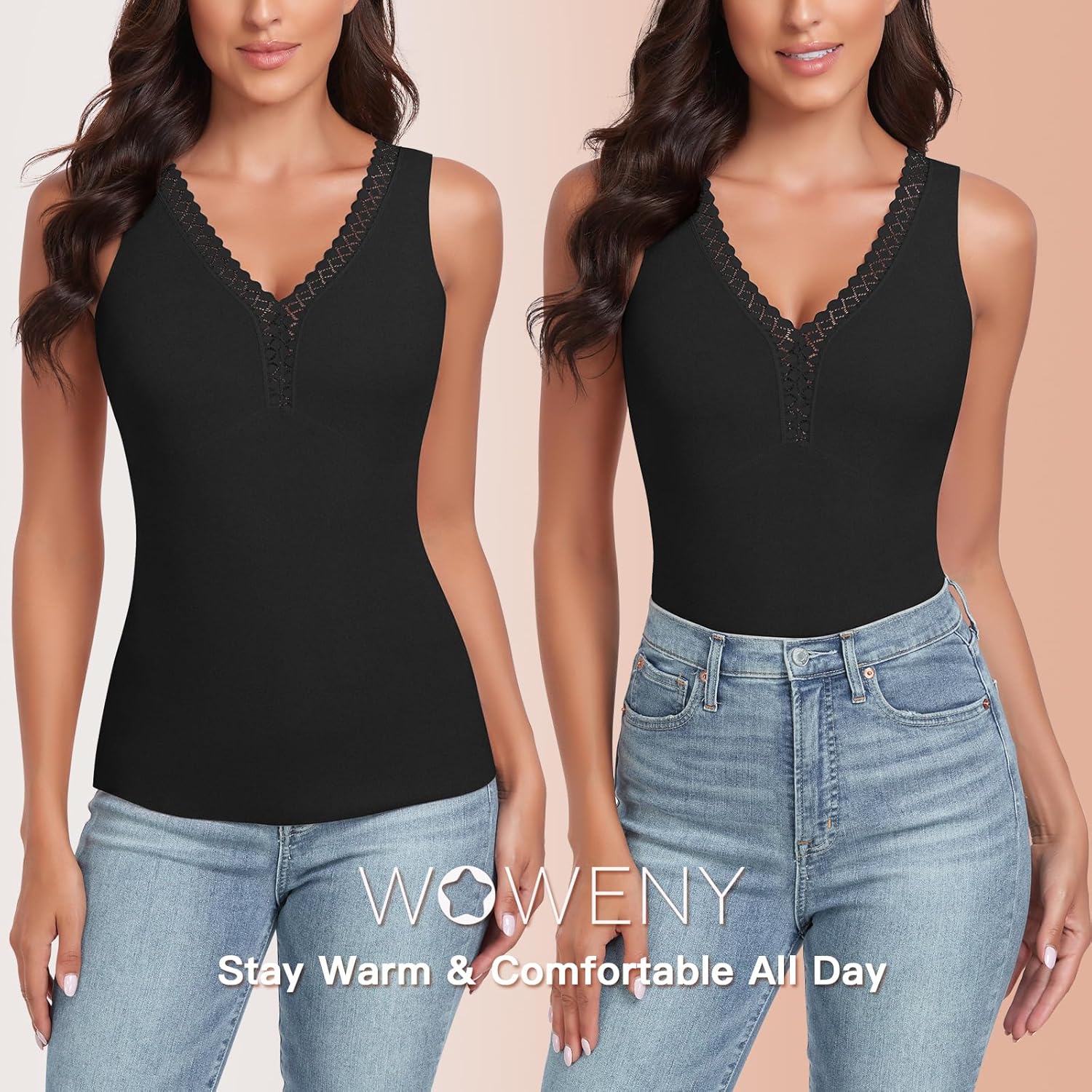 WOWENY Sleeveless Thermal Fleece Tank Top for Women V Neck Lace Camisole Warm Base Layer Cami Vest Underwear Tops - Image 2