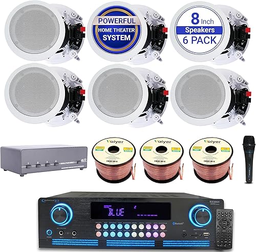 Kit de sistema de cine en casa, amplificador Bluetooth de 2000 vatios con 6 altavoces de techo enmarcados de 8 pulgadas de 300 W cada uno, selector