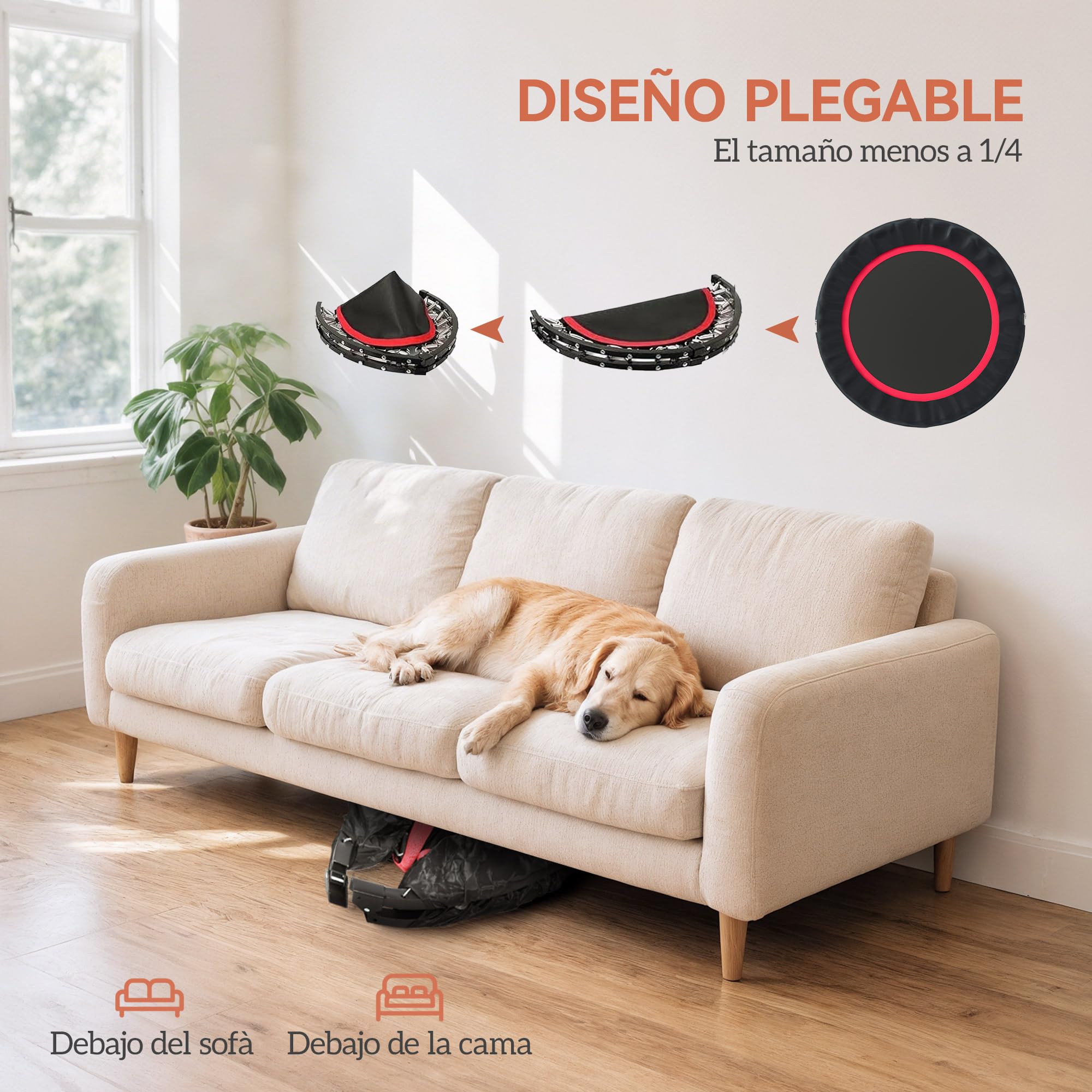 SPORTNOW Trampolín de Fitness Adultos Ø102 cm, Cama Elástica Plegable con Mango Ajustable de 4 Niveles y Bandas, para Entrenamiento Piernas Cuerpo en Hogar Oficina Gimnasio Exterior, Carga 150 kg