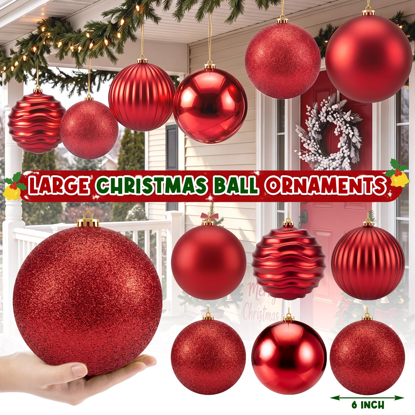 Zubebe Confezione da 6 palline di Natale da 15,2 cm, grandi palline in plastica infrangibile, con glitter opaco lucido e finiture decorative, per albero di Natale, festività e feste (rosso)