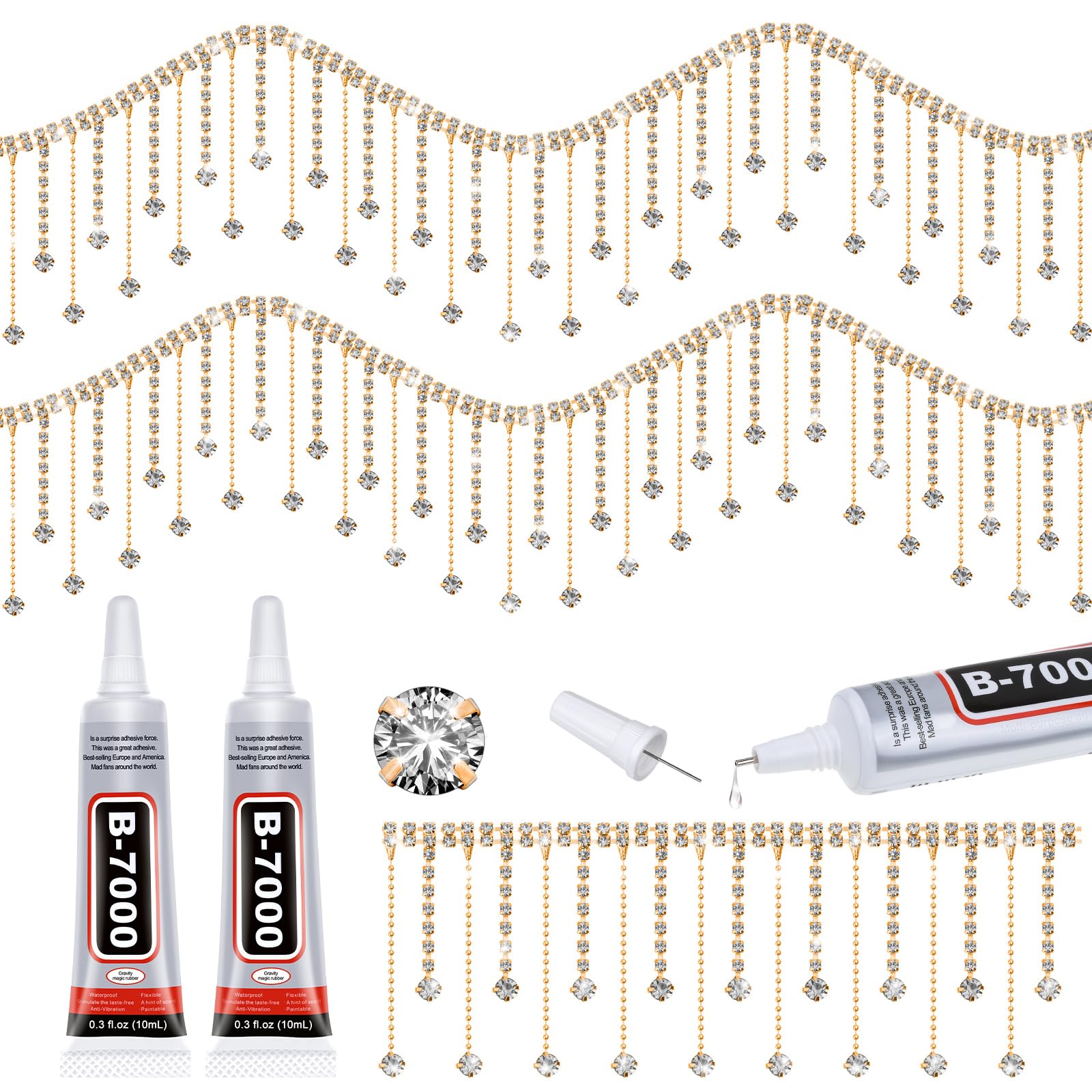 Photo 1 of Tetutor Rhinestone Trim Fringe with B7000 Glue, 1 Yard Irregular Rhinestone Fringes Belt Tassel, Sparkle Diamond Fringe Rhinestones Ribbon Tassel Chain for DIY Clothing Wedding Decoration