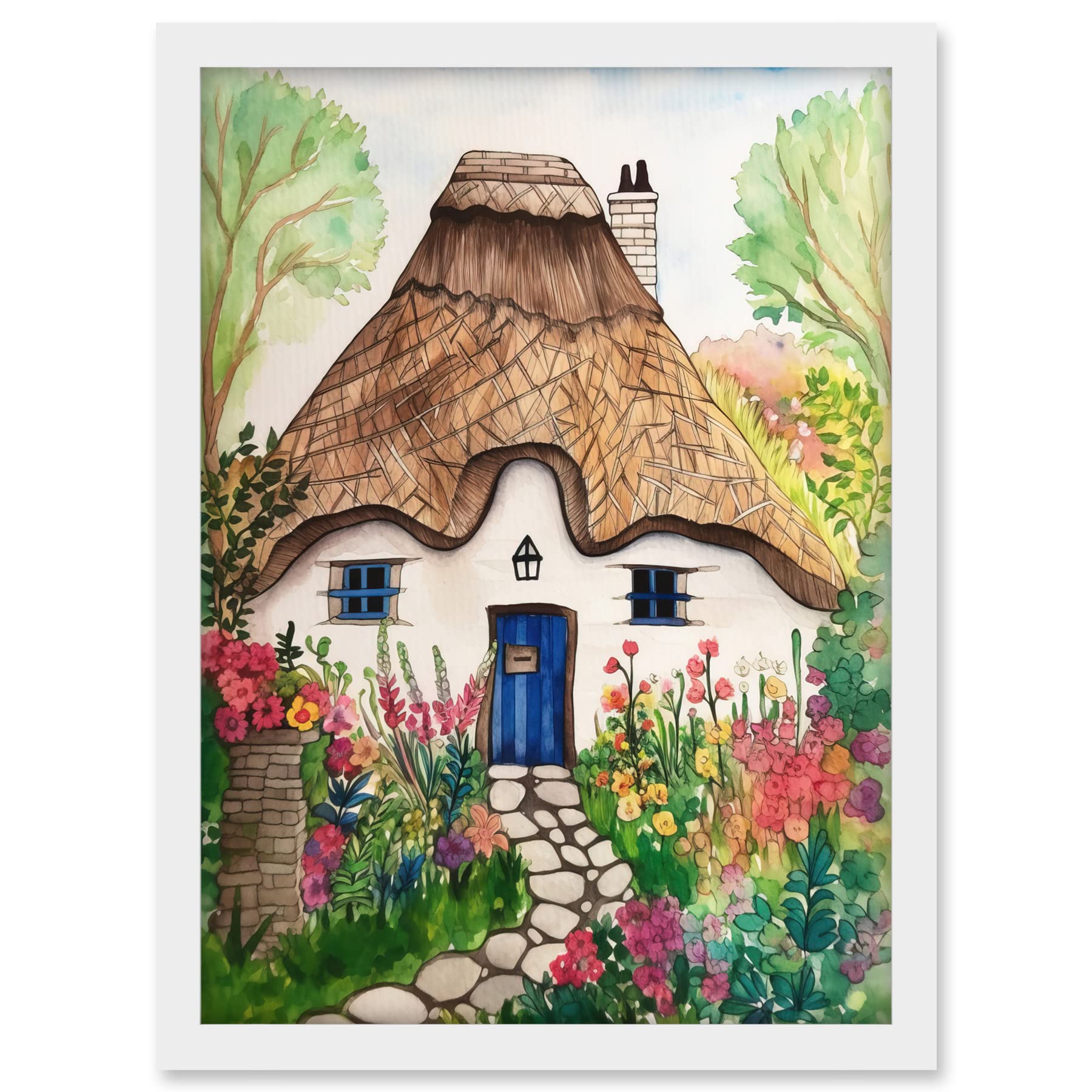 Artery8 The Cottage In The Forrest Flowers Folk Art Artwork Framed A3 Wall Art Print