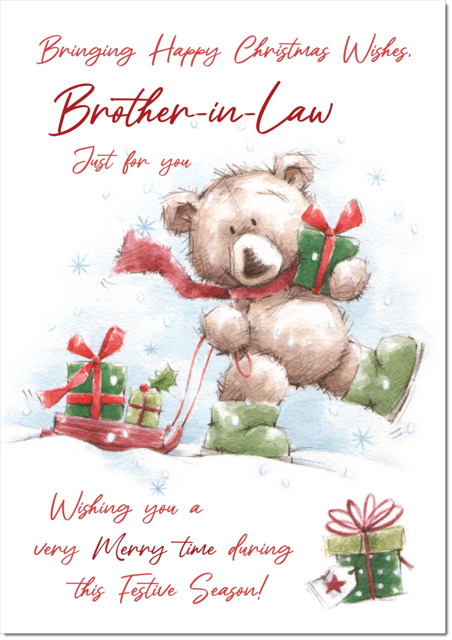 doodlecards Brother in Law Christmas Card Cute Bear with Sled Large A4 Size Christmas Card for Brother in Law with Plain Envelope