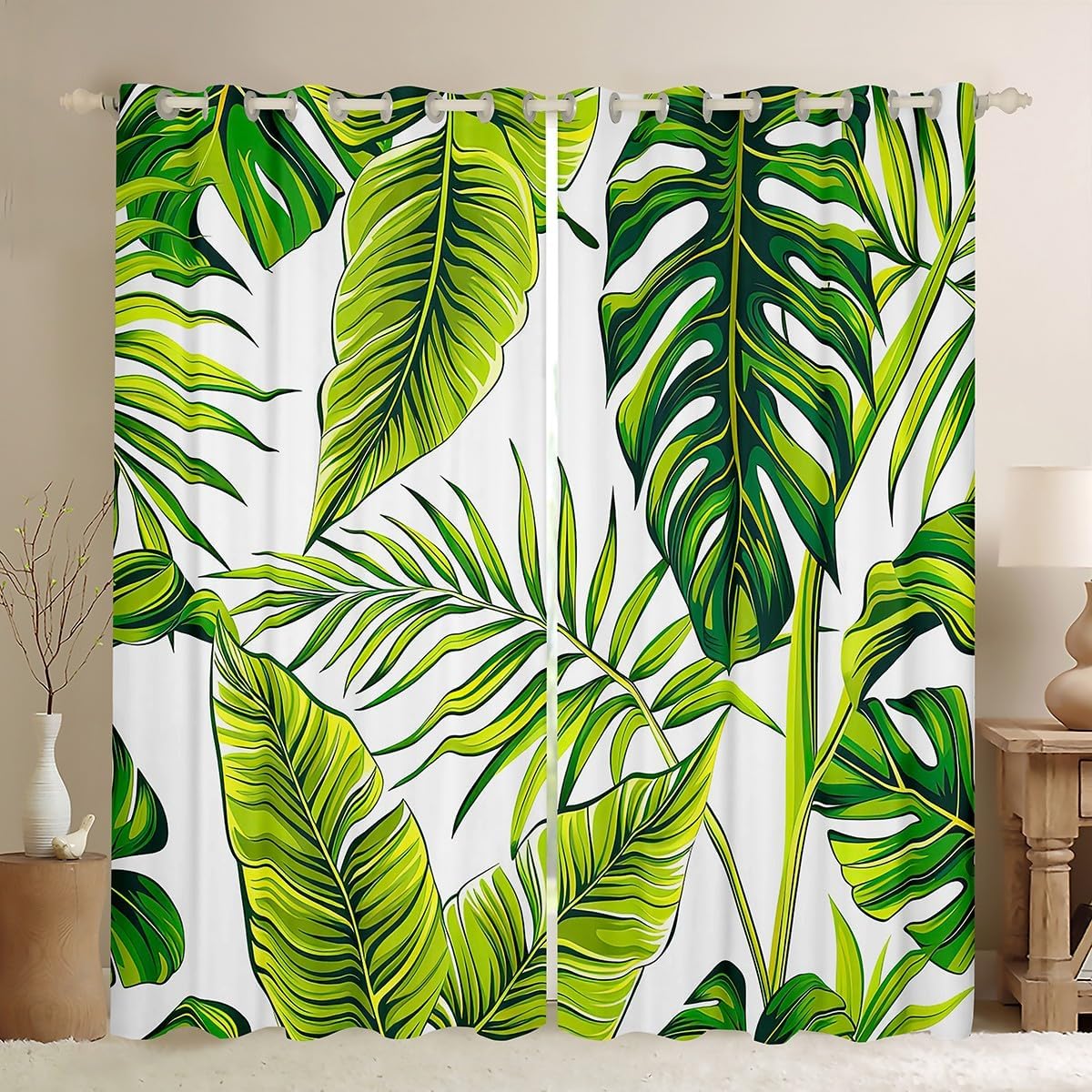 Fresh Leaves Tropical Curtain,Green Plant Window Drapes,Botanical Banana Tree and Palm Tree Leaf Pattern Printed in White Window Treatment, Beach Hawaiian Theme Blackout Curtain for Bedroom 108" X 63"