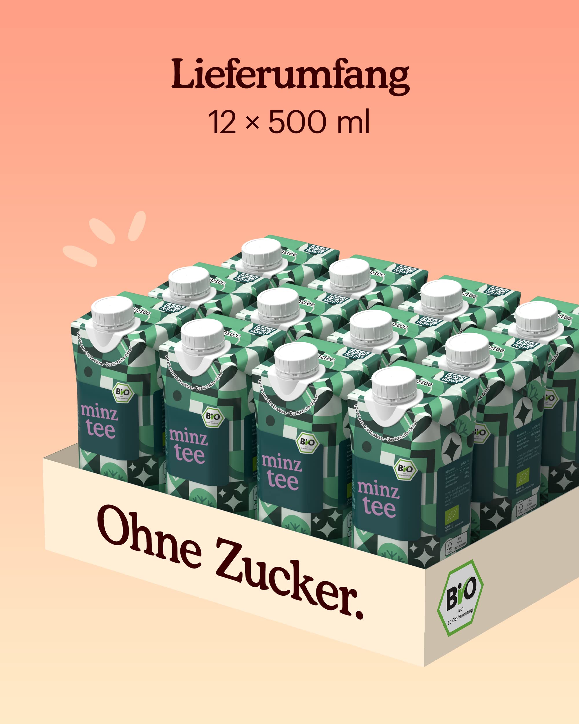 Ocha-Ocha® Tee Getränk - Bio-Minztee trinkfertig & zuckerfrei - 24x500ml - 100% Pfefferminze ohne Zusatzstoffe - ohne Süßstoffe - ungesüßt - kalorienfrei - vegan