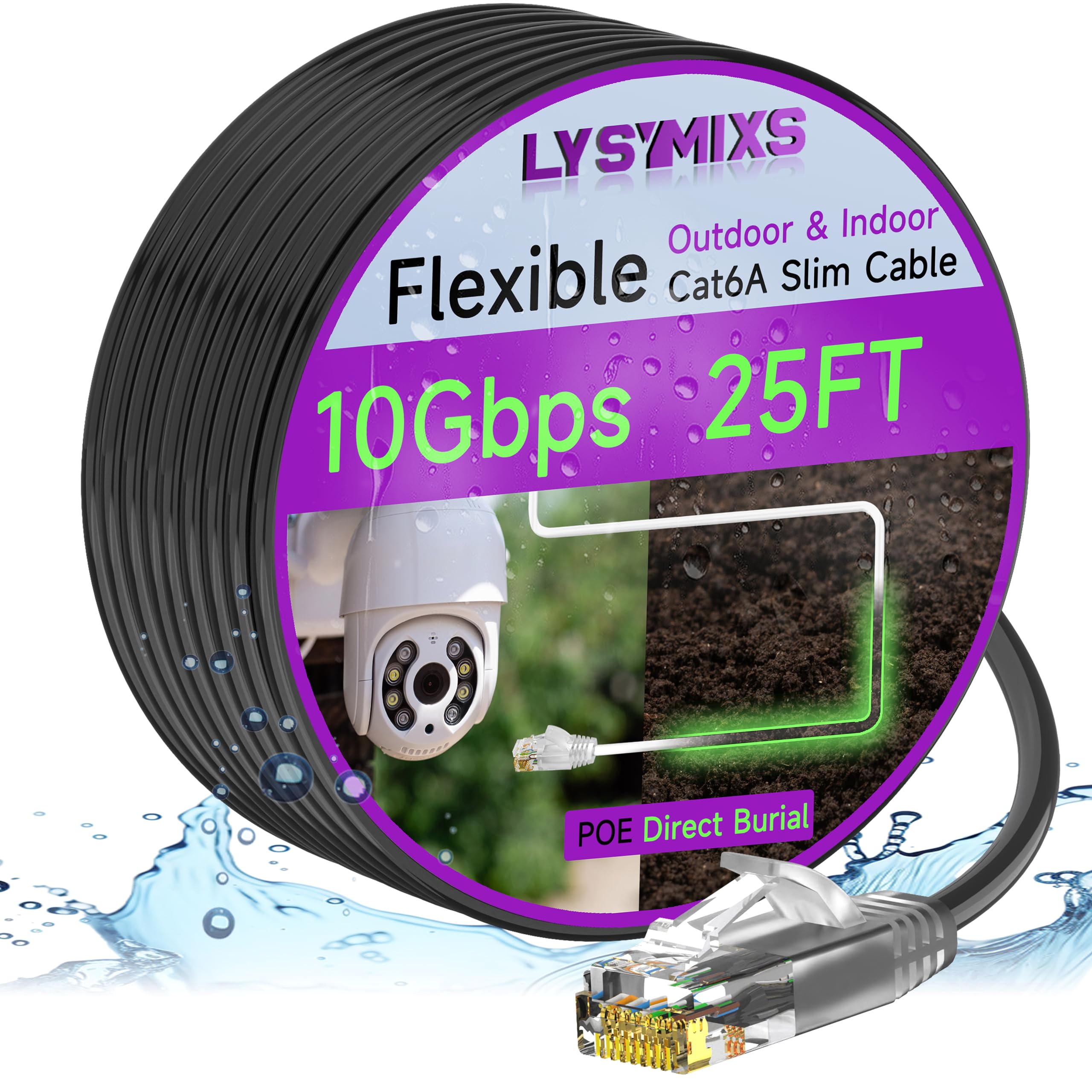 Câble de raccordement Ethernet fin Cat6a de 7,6 m pour extérieur et intérieur, câble réseau Internet Cat6 10 G, étanche, à enfouissement direct en polyéthylène basse densité UV, câble