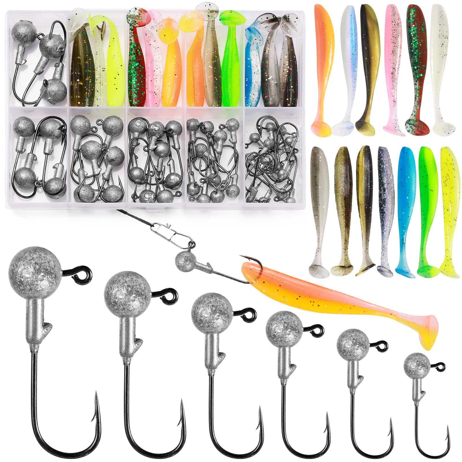 58 Piezas / 6 Tamaños Cabezas de Jig con Señuelos de Goma 10g/7g/5g/3,5g/1,8g/1g Anzuelos de Pesca con Bolas de Plomo Redondas Señuelos Blandos Realistas Bicolor para Agua Dulce Salada