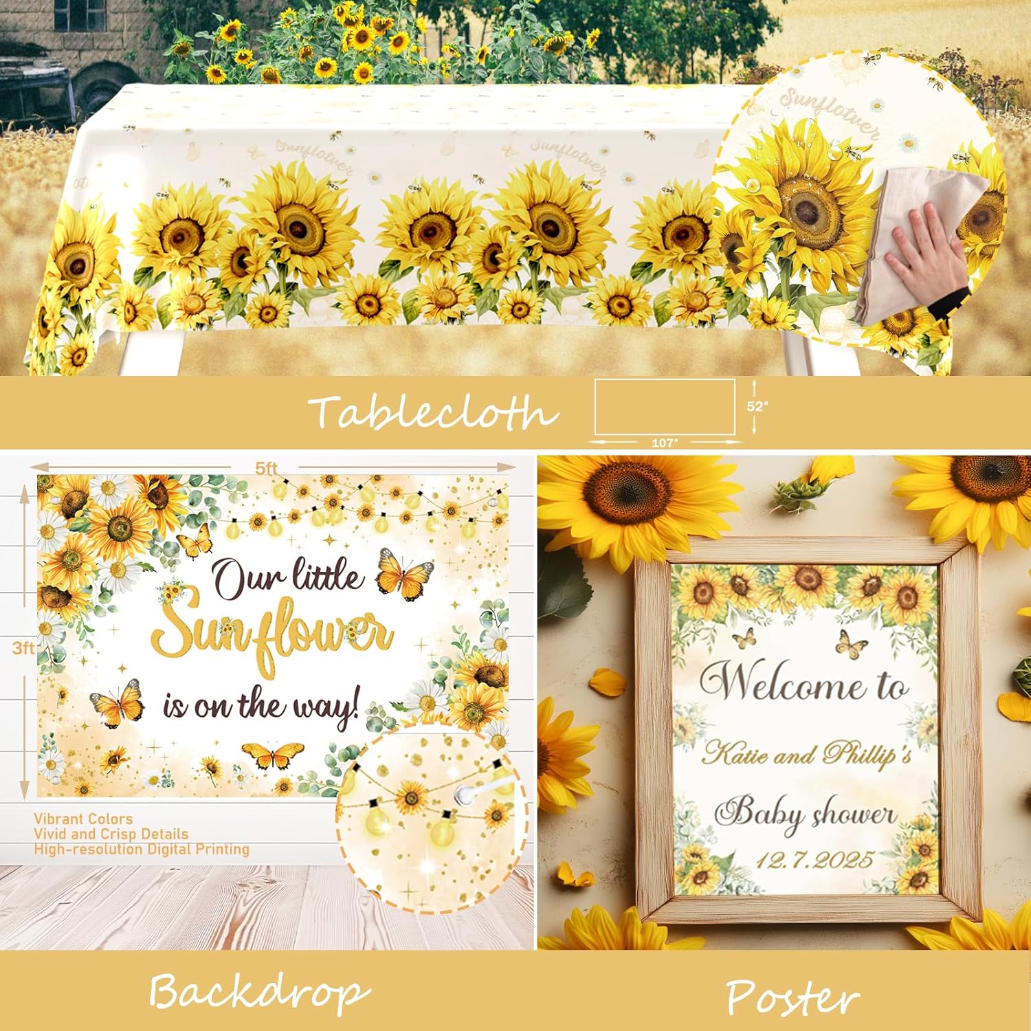 Sunflower Baby Shower Decorations, 159 PCs Yellow Flower Baby Shower Party Supplies with Backdrop, Balloon Garland, Artificial Sunflowers, Boxes, Mom to Be Sash, Headband