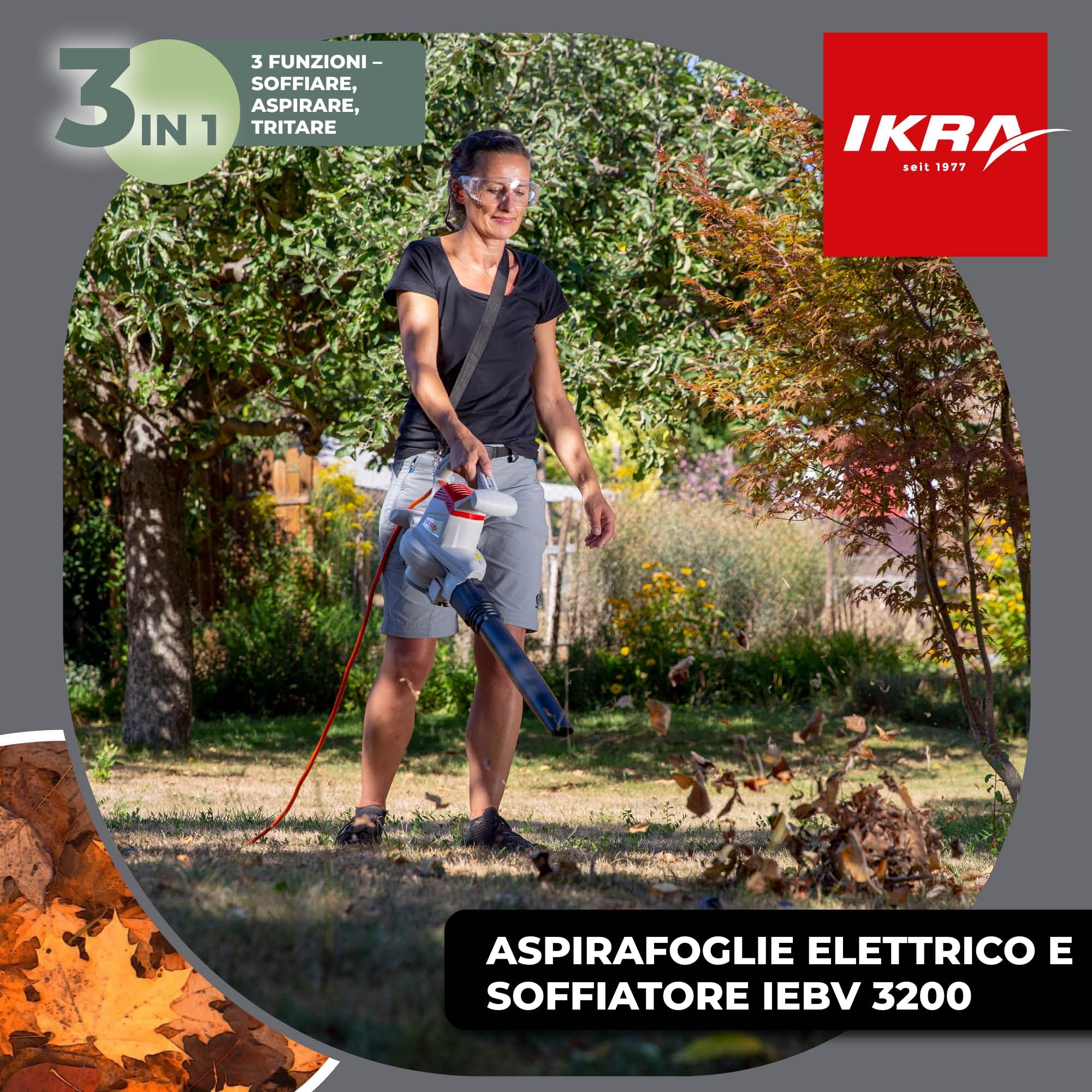 IKRA aspiratore soffiatore elettrico IEBV 3200 3in1, incl. prolunga per la pulizia delle grondaie, 3200 W