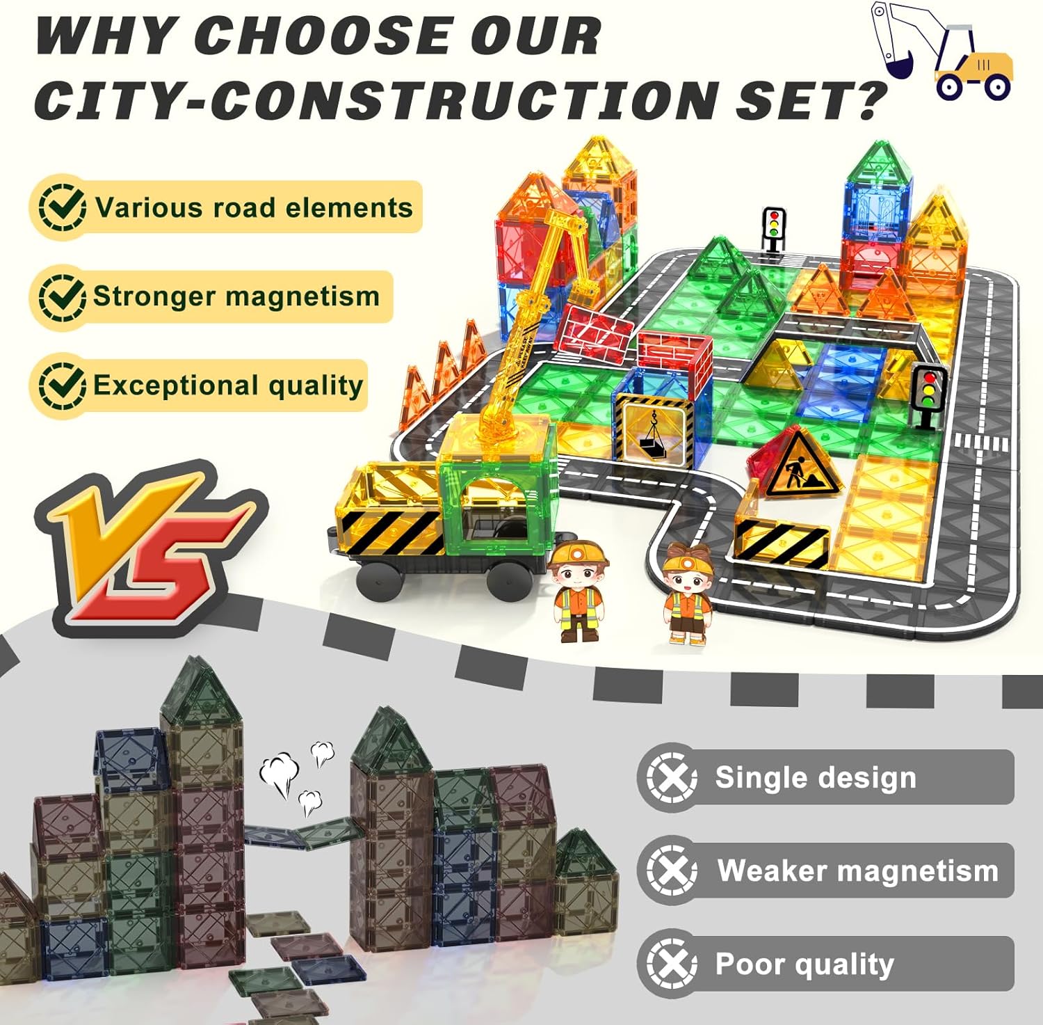 Coodoo Kids Games Magnetic Tiles Road Set with Extendable Magnetic Crane, City Construction Building Toys for Toddlers STEM Preschool Ages 4-6 5-7, Gifts for 3+ Year Old Boys Girls Kids Toys with Car
