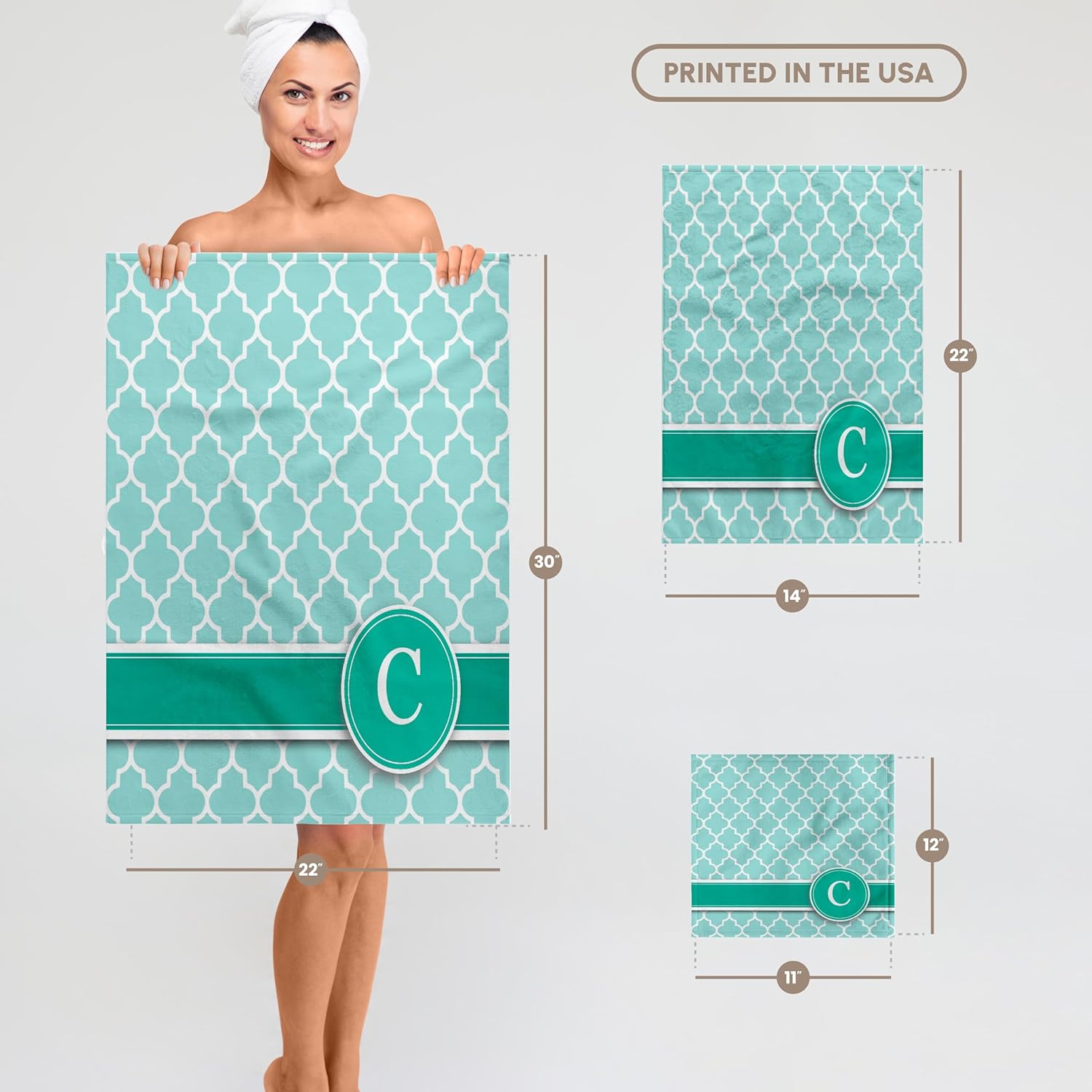 3dRose Personalized Letter C Aqua Blue Quatrefoil Pattern Teal Turquoise Mint Monogrammed Personal Initial 22x30 Bath Hand Pool Towel