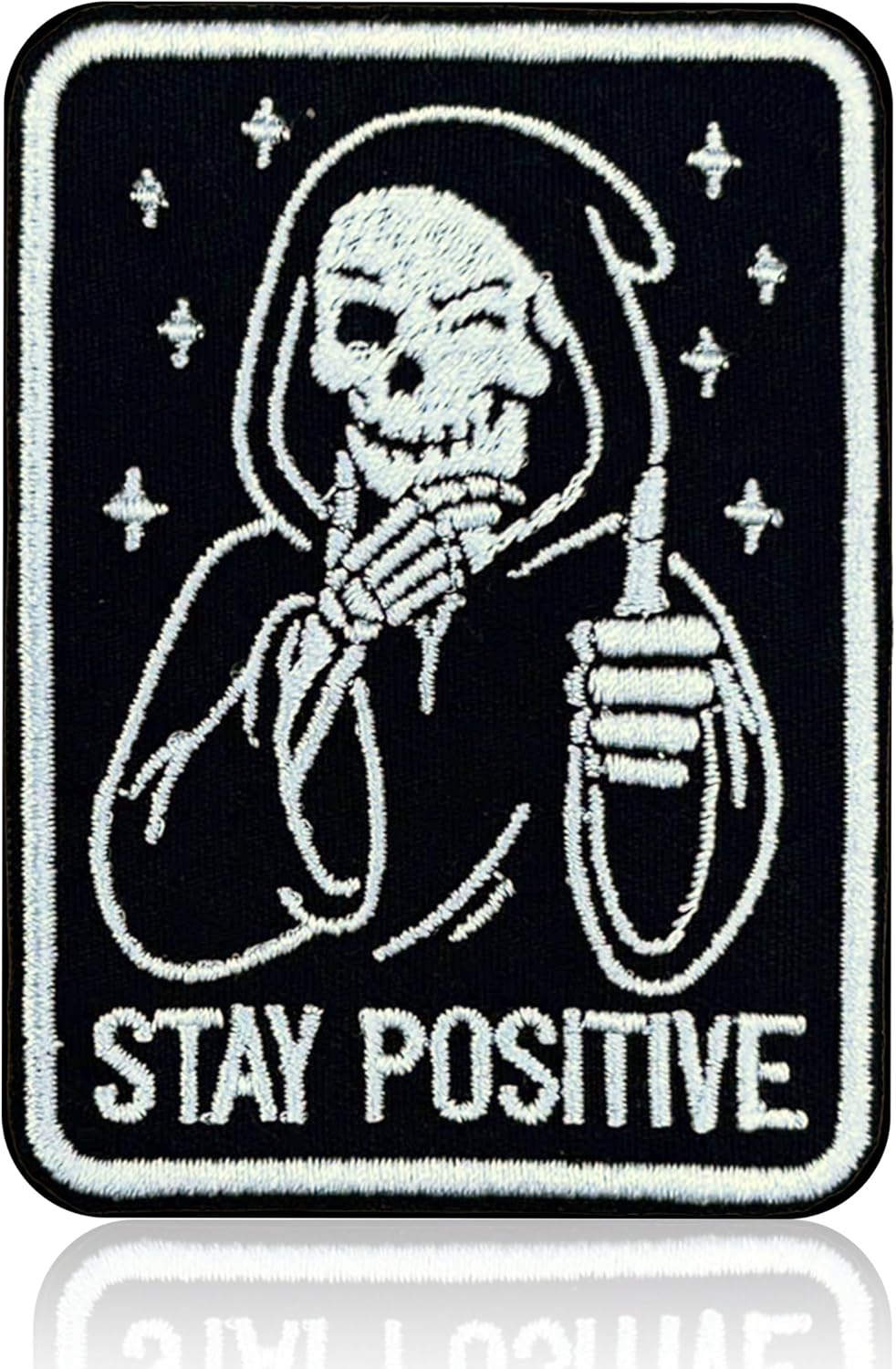 Stay Positive Skull Patch 3 Inch Funny Punk Motivational Thumbs Up Meme Cool Aesthetic Embroidered Patch Sew On Iron On for Backpack Jacket Hat Jeans DIY Accessories Gift for Men Women