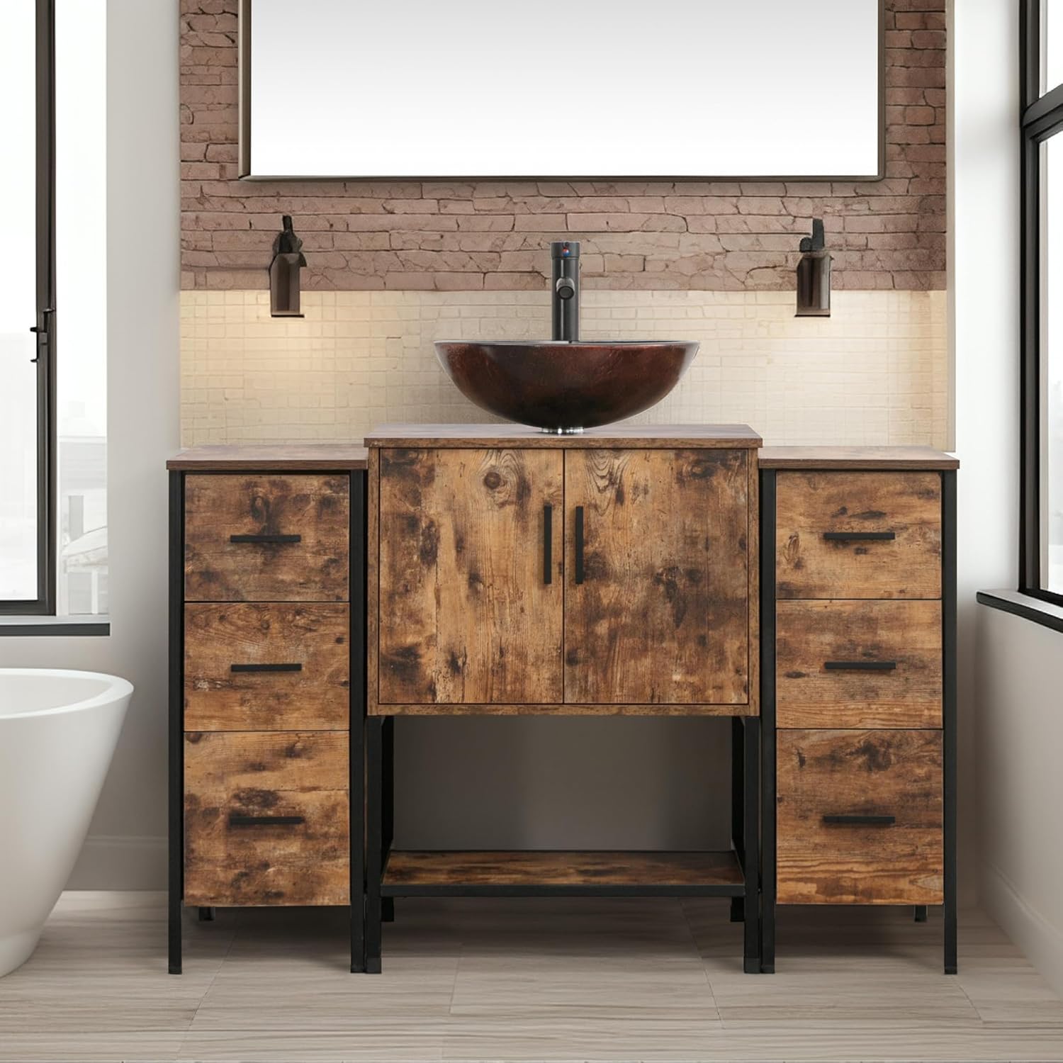 UEV 48" Antique Bathroom Vanity, Dark Brown Bathroom Vanity Set with Sink and 3 Drawers Side Cabinet Combo, Iron Wood Bathroom Cabinet with Adjustable Water Temperature Faucet (A09)