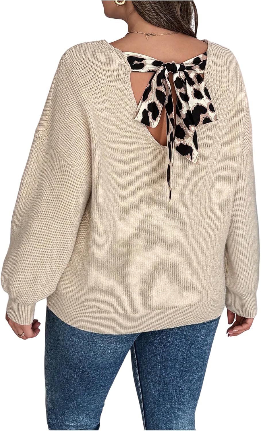 WDIRARA Women's Plus Size V Neck Sweaters Knot Back Long Sleeve Pullover Knit Tops