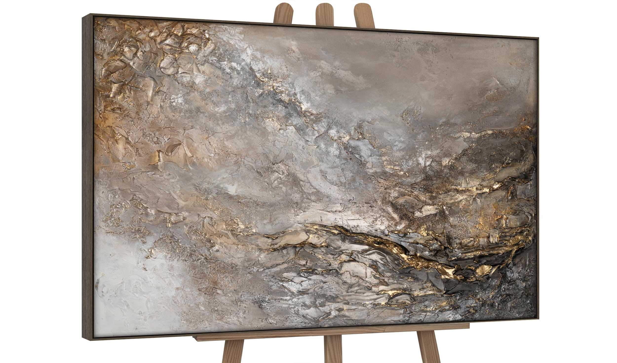 YS Enmarcado Pintado en acrílico Universo Pintura abstracta a mano Tonos verde grisáceo con dorado y plateado Decoración de pared salon modern 120x80 cm