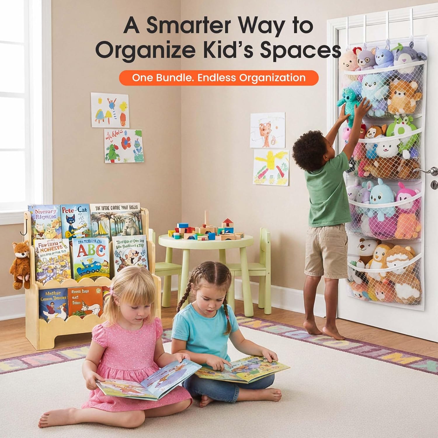 Scalloped Book Shelf Nursery: Kids Wood Bookshelf 3-Tier & Arched Baby Bookcase with Over the Door Stuffed Animal Organizer - Perfect for Nursery, Playroom, or Classroom with Easy Access!