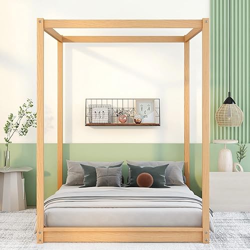 Miniatura 4 de Harper  Bright Designs Cama con plataforma de toldo de tamaño matrimonial marco de cama de madera con patas de apoyo cama con toldo completo con