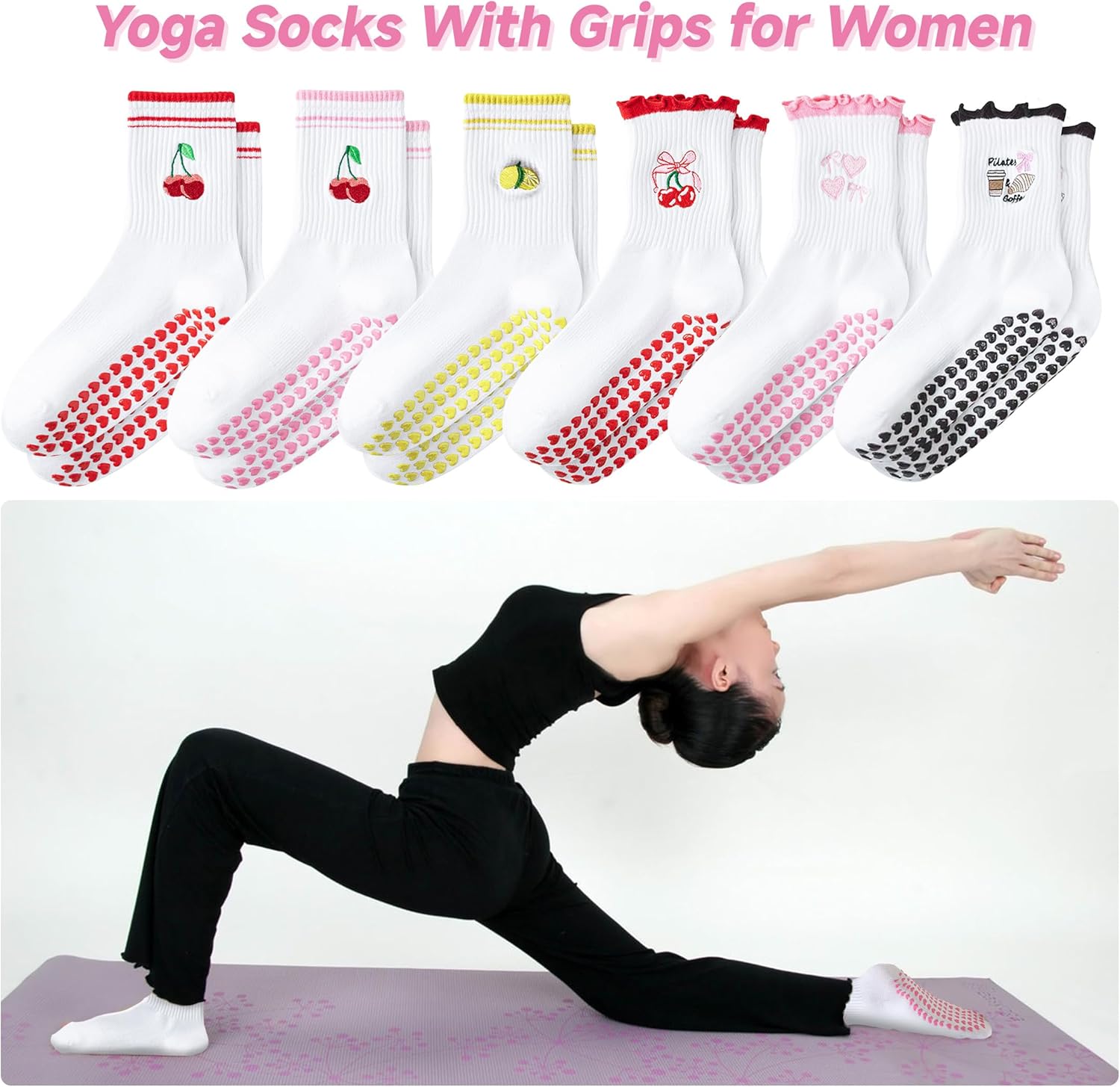 Grip Socks Pilates,4/6Pairs Cotton Cute Pilates Socks for Women, Ruffle Grippy Sock for Yoga Barre Hospital 5-10in - Image 4