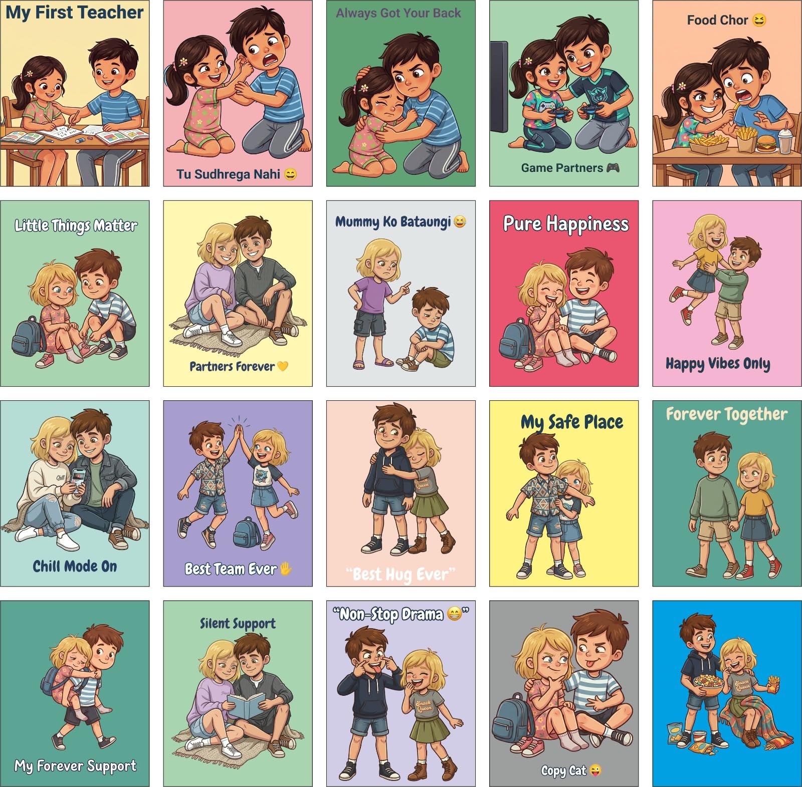 Brother Sister Rakhi Fridge Magnets Set | Cute Cartoon Sibling Quotes Magnets | Raksha Bandhan Gift for Brother & Sister | Mini Refrigerator Magnets for Kids Room, Locker & Home Decor (20 PCS)-image-47