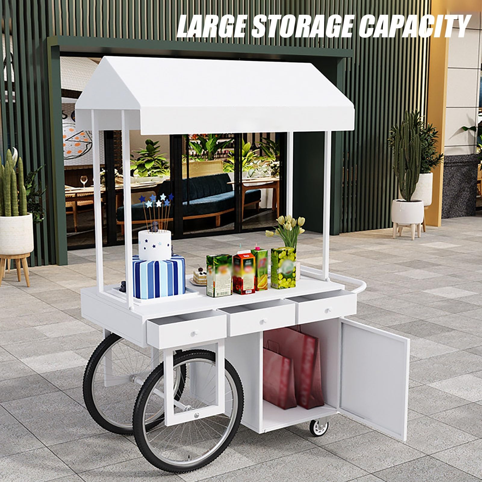 Carrello da pranzo portatile con tettoia parasole e ruote, bancarella mobile per eventi all'aperto e cibo da strada