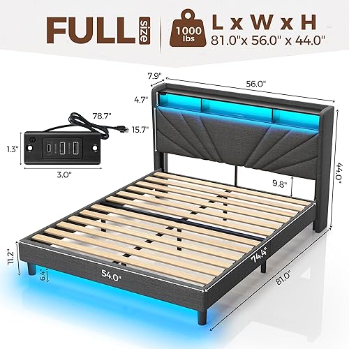 Miniatura 36 de Rolanstar Base de cama tamaño King, cabecera de almacenamiento con estación de carga y luces LED, cama tapizada con listones de madera resistentes,