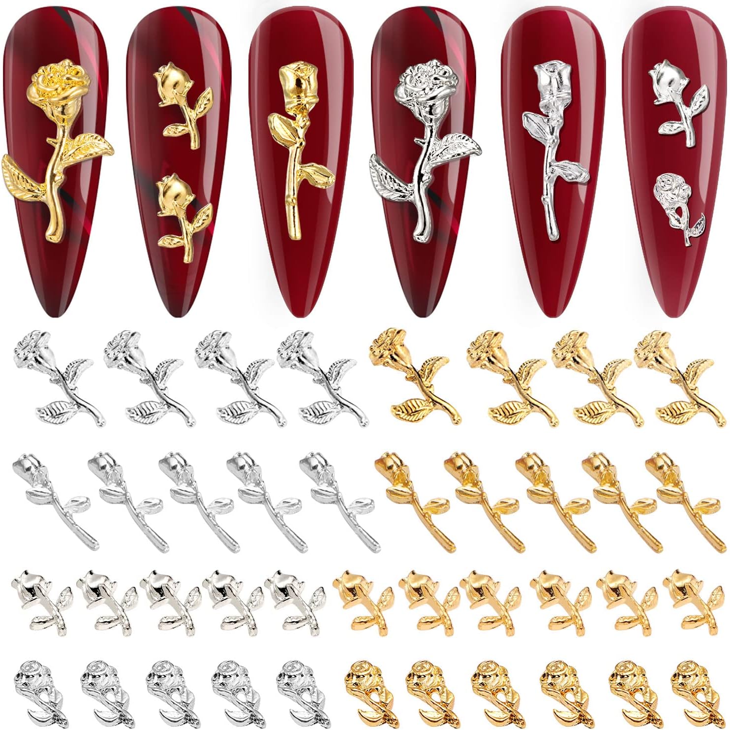 Noverlife 120PCS 3D Rose Nail Charms, 4 Styles Gold Silver Flower Nail Art Ch...